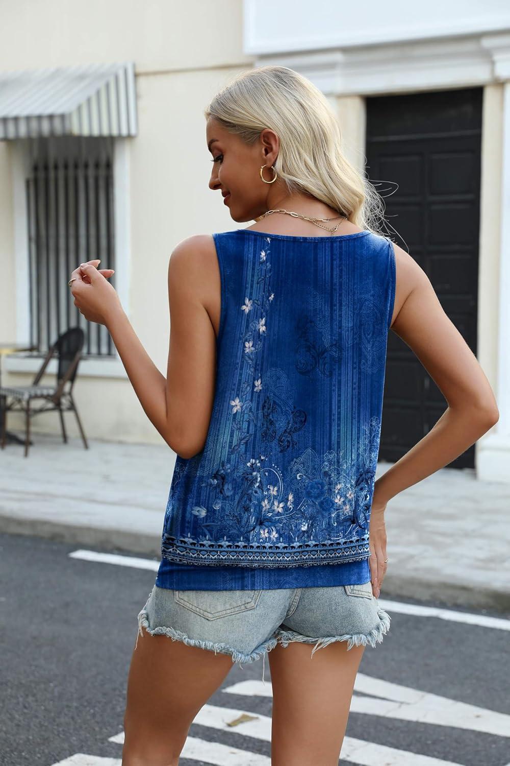 imageZeagoo Womens Tank Tops Loose Fit V Neck Ruched Sleeveless Tops Casual Basic Banded Shirts SXXLBlue Floral