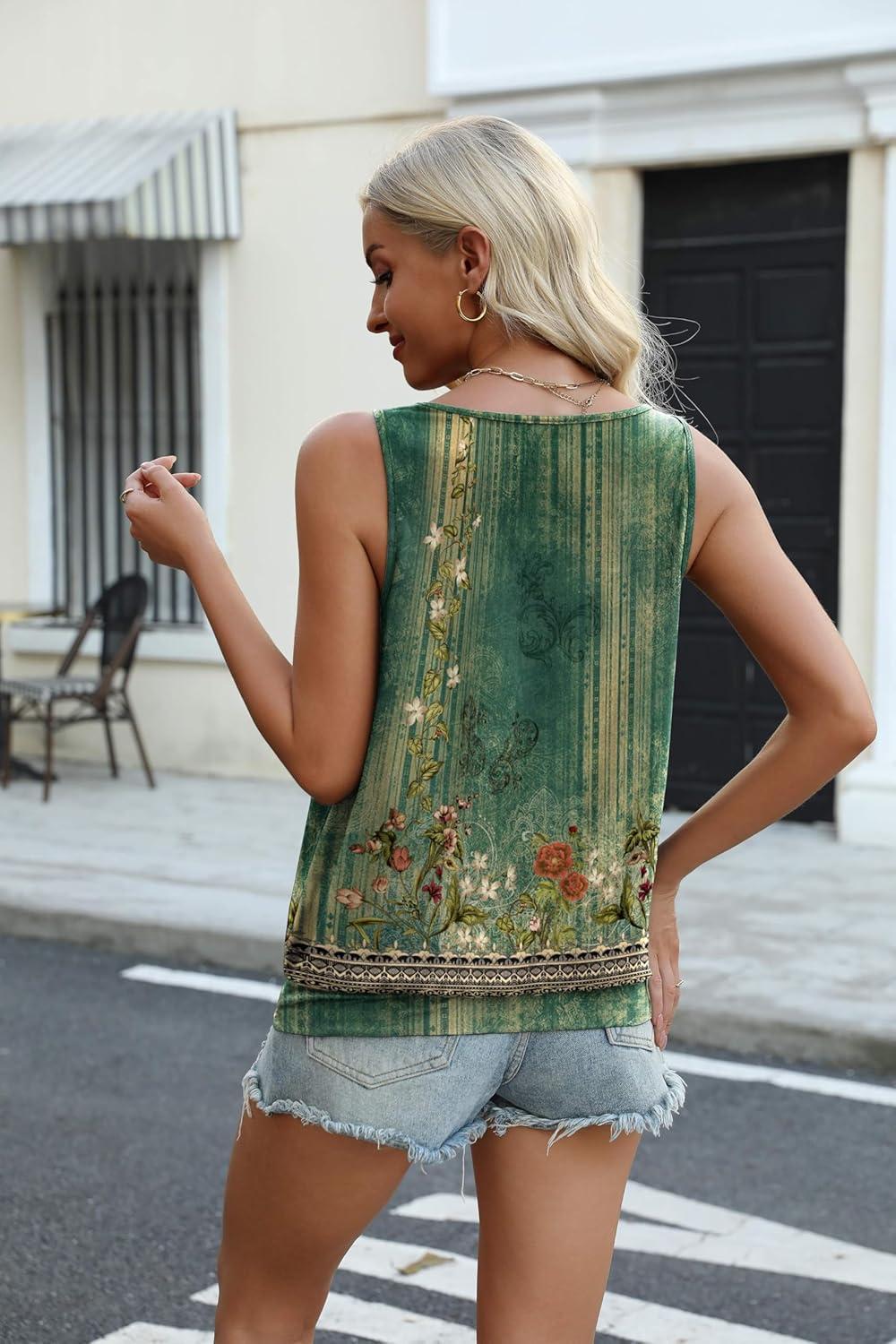 imageZeagoo Womens Tank Tops Loose Fit V Neck Ruched Sleeveless Tops Casual Basic Banded Shirts SXXLGreen Floral