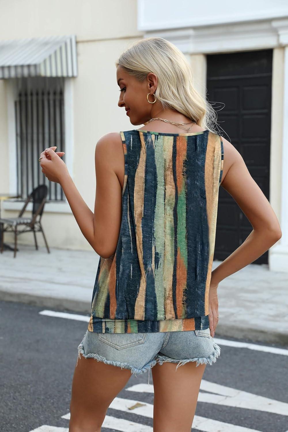 imageZeagoo Womens Tank Tops Loose Fit V Neck Ruched Sleeveless Tops Casual Basic Banded Shirts SXXLNavy Khaki Green Orange Stripe