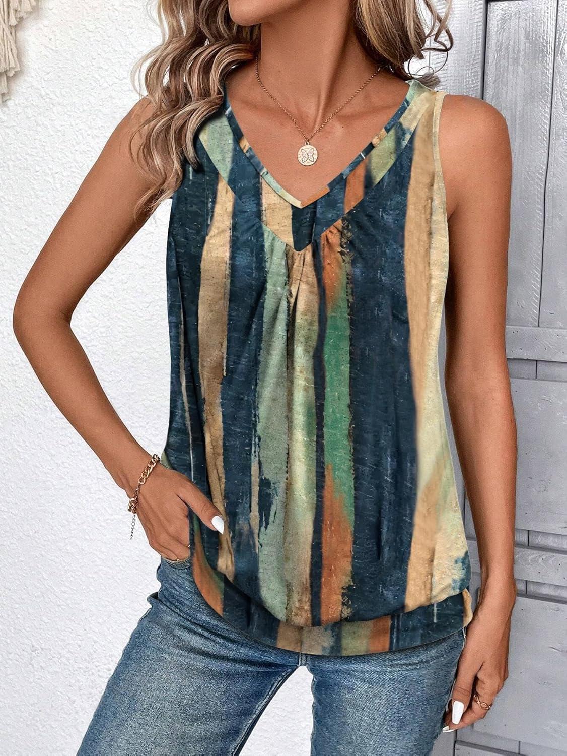 imageZeagoo Womens Tank Tops Loose Fit V Neck Ruched Sleeveless Tops Casual Basic Banded Shirts SXXLNavy Khaki Green Orange Stripe
