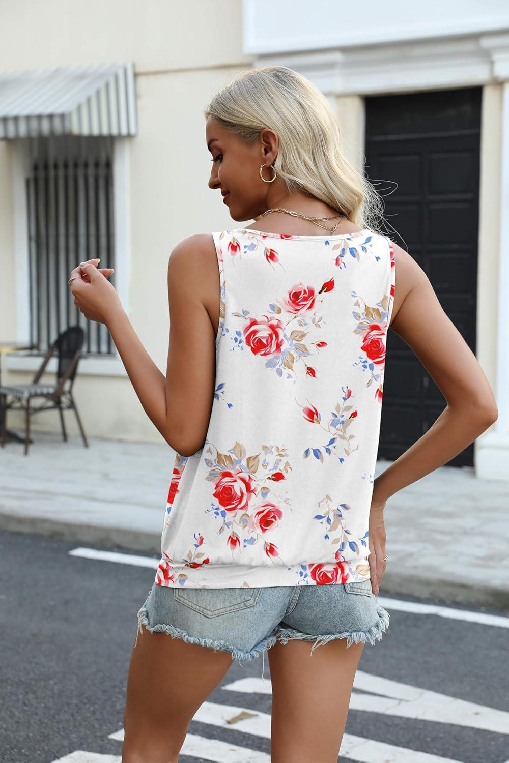 imageZeagoo Womens Tank Tops Loose Fit V Neck Ruched Sleeveless Tops Casual Basic Banded Shirts SXXLWhite Red Blue Flower