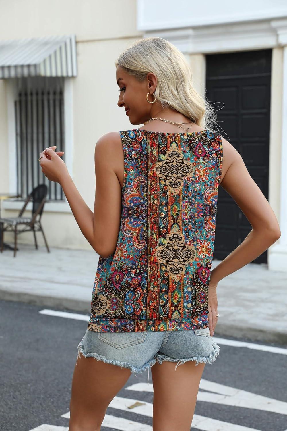 imageZeagoo Womens Tank Tops Loose Fit V Neck Ruched Sleeveless Tops Casual Basic Banded Shirts SXXLYellow Red Green Floral
