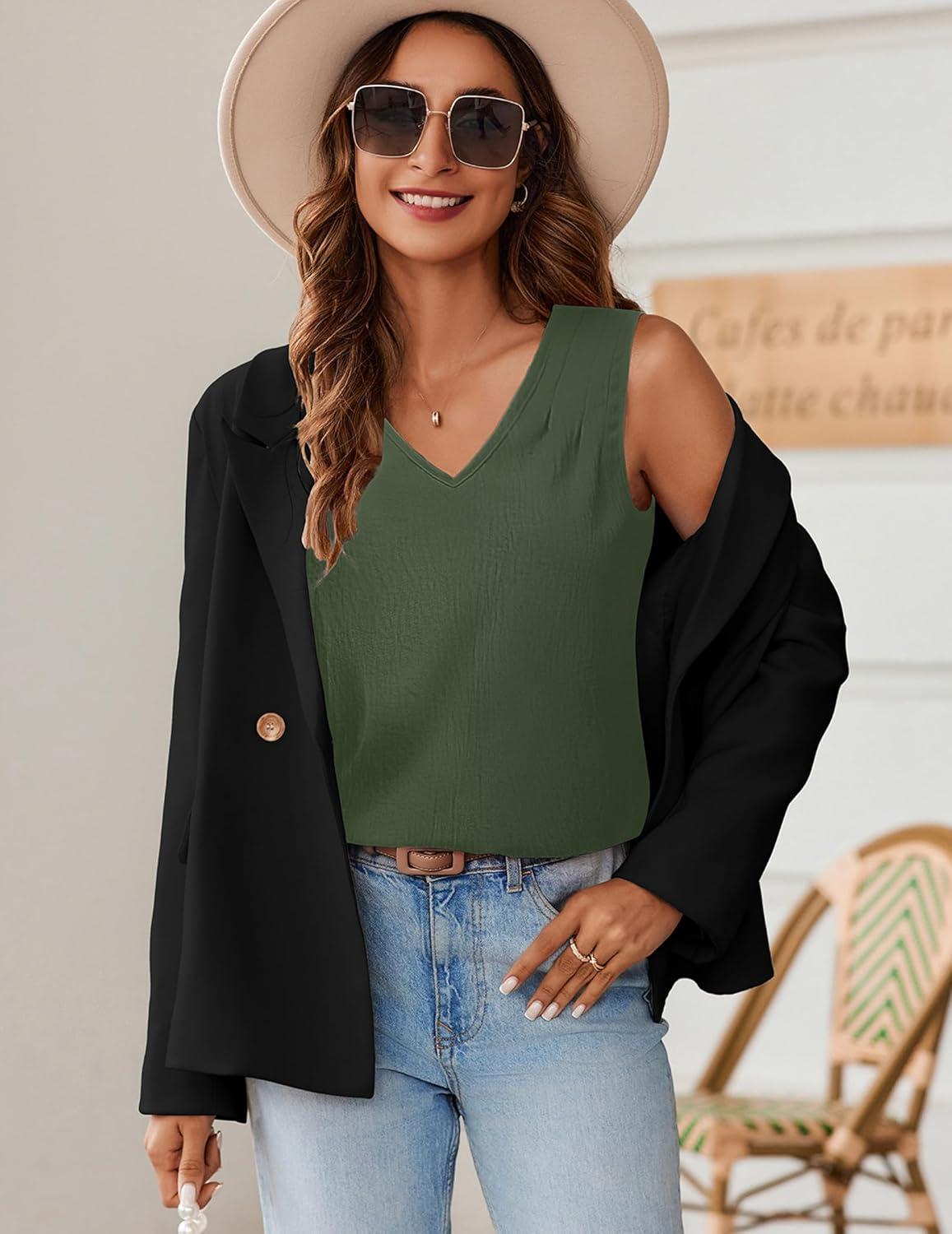 imageZeagoo Womens Tank Tops Pleated V Neck Business Casual Sleeveless Shirts Trendy Dressy Textured Summer Work BlouseArmy Green