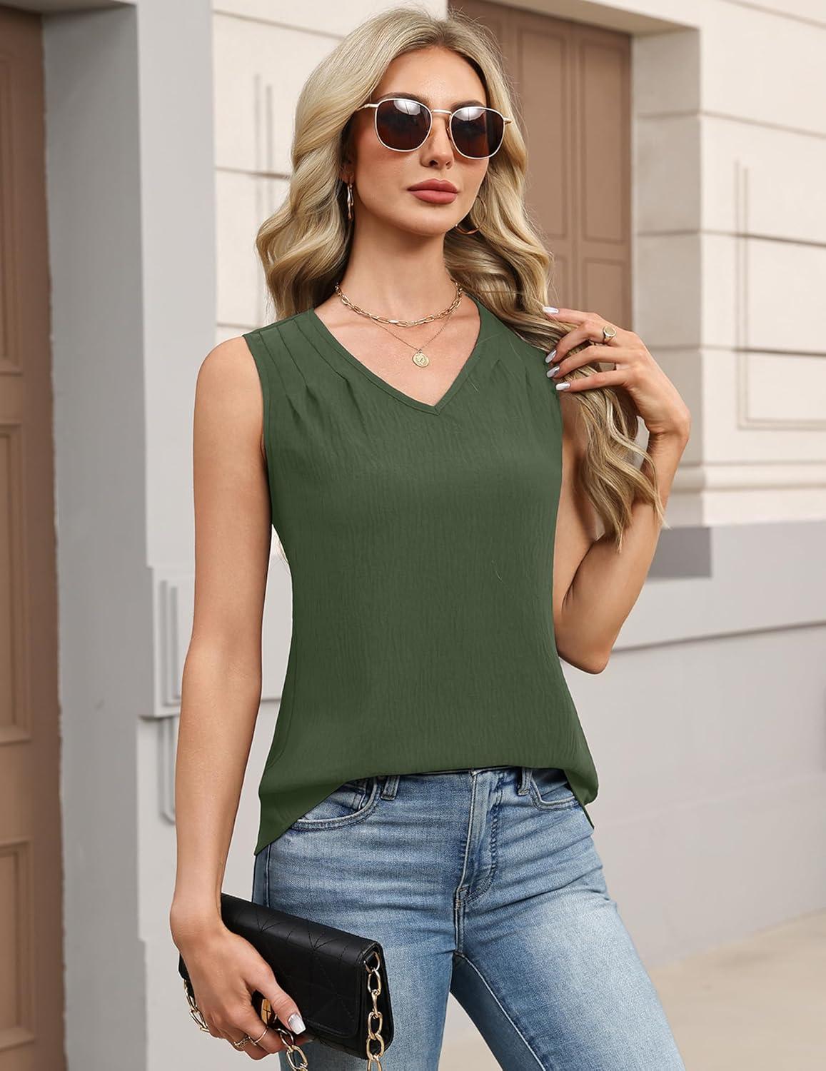 imageZeagoo Womens Tank Tops Pleated V Neck Business Casual Sleeveless Shirts Trendy Dressy Textured Summer Work BlouseArmy Green