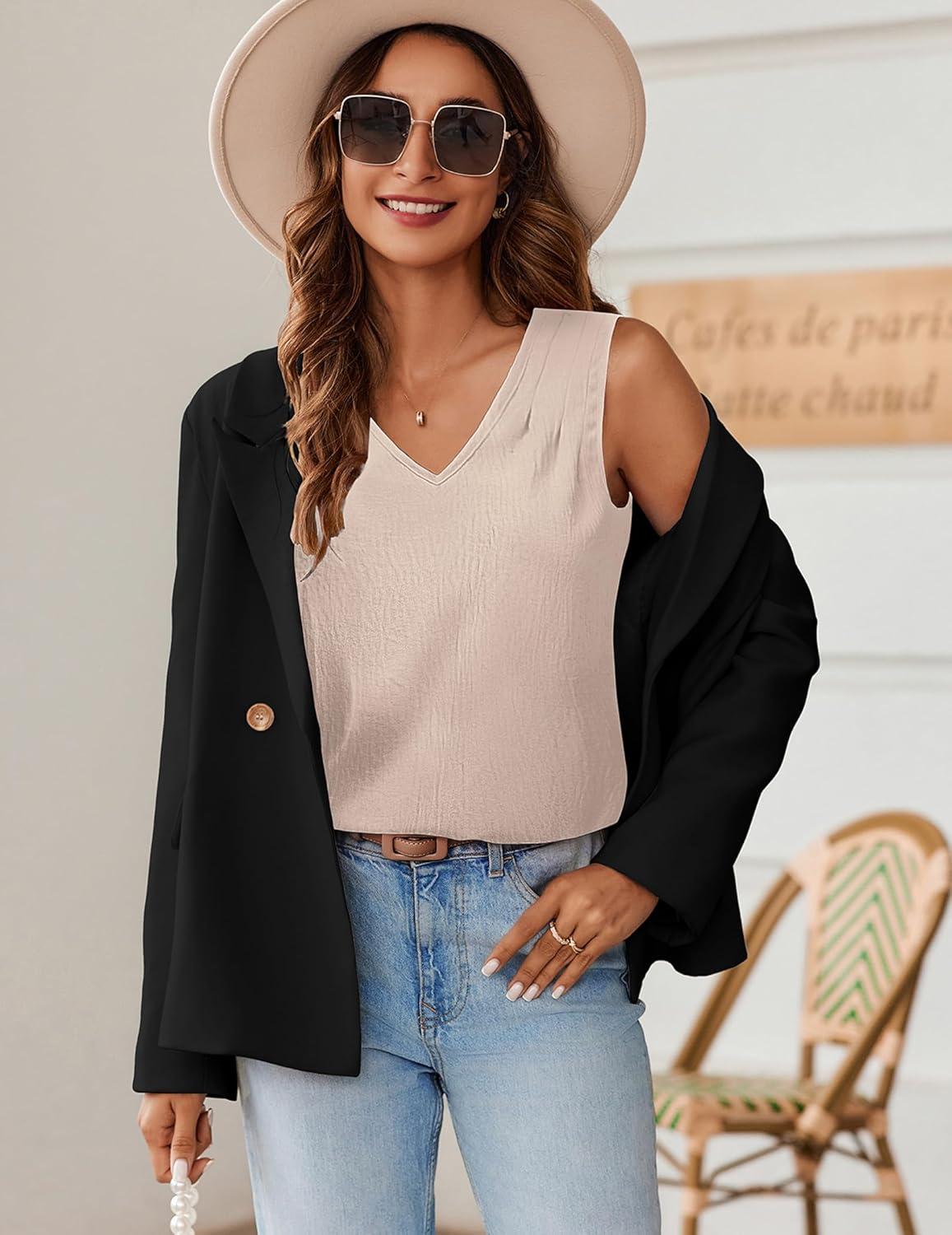 imageZeagoo Womens Tank Tops Pleated V Neck Business Casual Sleeveless Shirts Trendy Dressy Textured Summer Work BlouseBeige