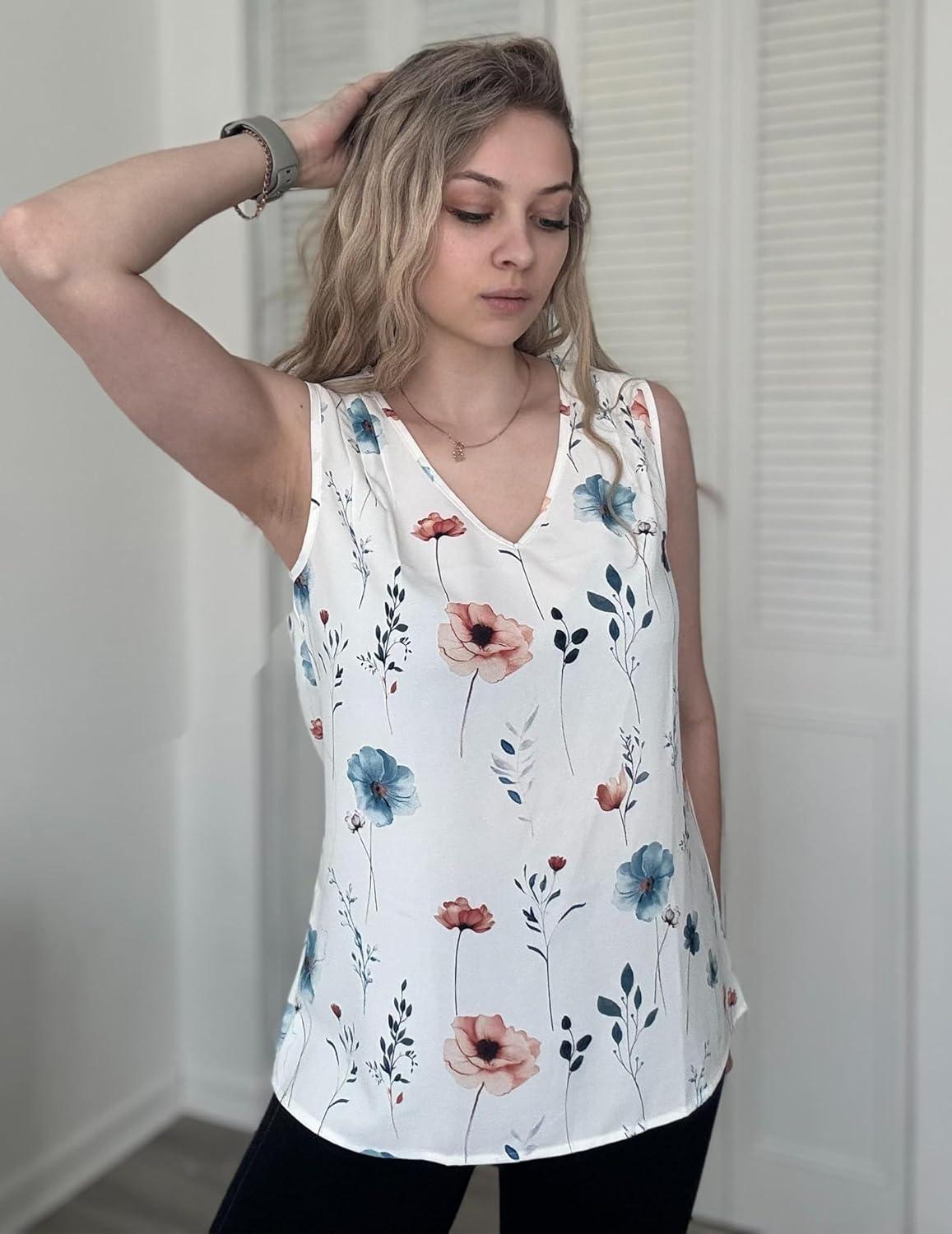 imageZeagoo Womens Tank Tops Pleated V Neck Business Casual Sleeveless Shirts Trendy Dressy Textured Summer Work BlouseBf290 Floral