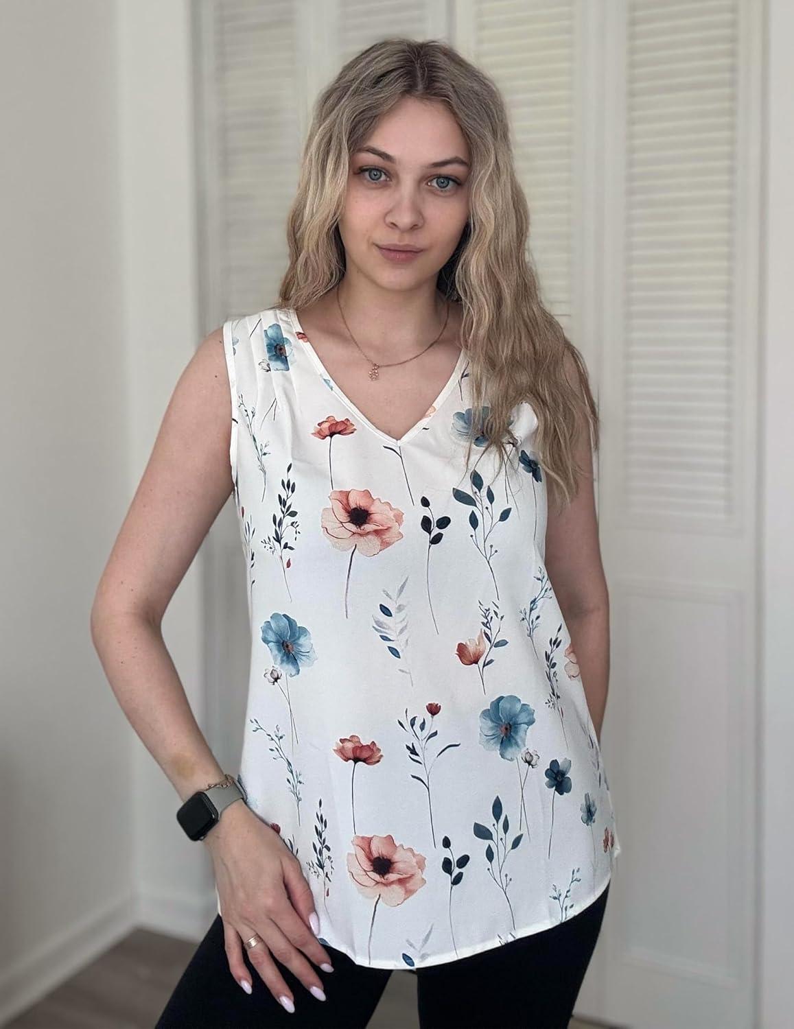 imageZeagoo Womens Tank Tops Pleated V Neck Business Casual Sleeveless Shirts Trendy Dressy Textured Summer Work BlouseBf290 Floral