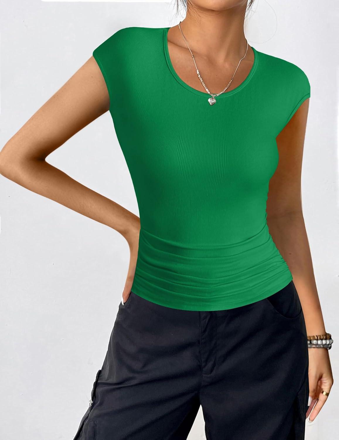 imageZeagoo Womens Tank Tops Ribbed Knit Crew Neck Shirts Cap Sleeve Slim Fitted Ruched Basic TeesBgreen