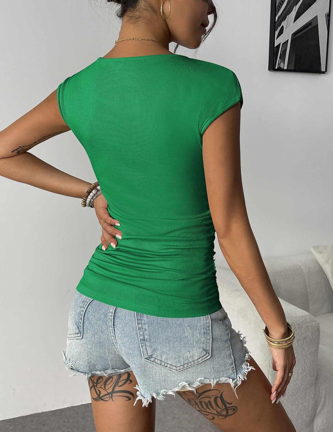 imageZeagoo Womens Tank Tops Ribbed Knit Crew Neck Shirts Cap Sleeve Slim Fitted Ruched Basic TeesBgreen