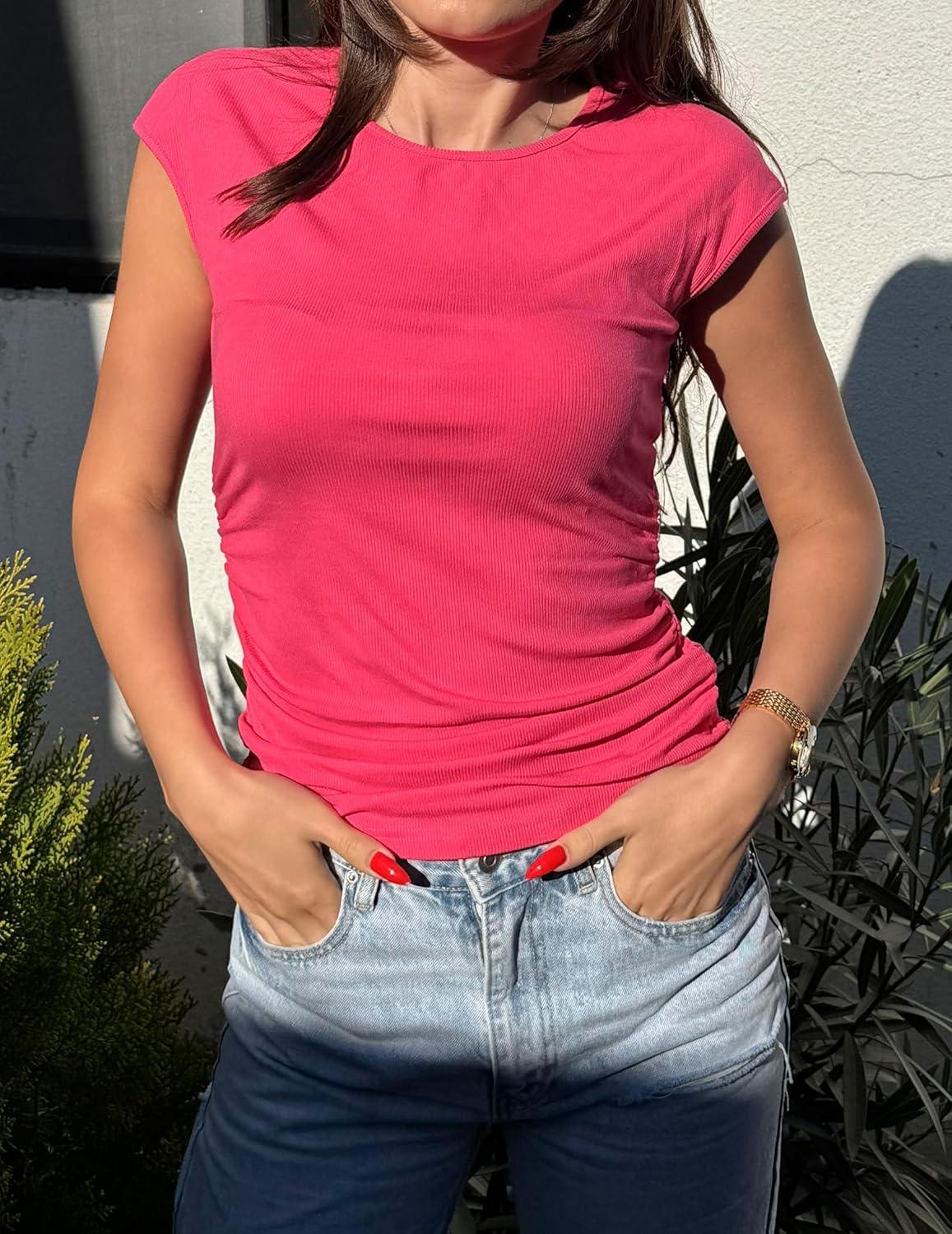 imageZeagoo Womens Tank Tops Ribbed Knit Crew Neck Shirts Cap Sleeve Slim Fitted Ruched Basic TeesBhotpink
