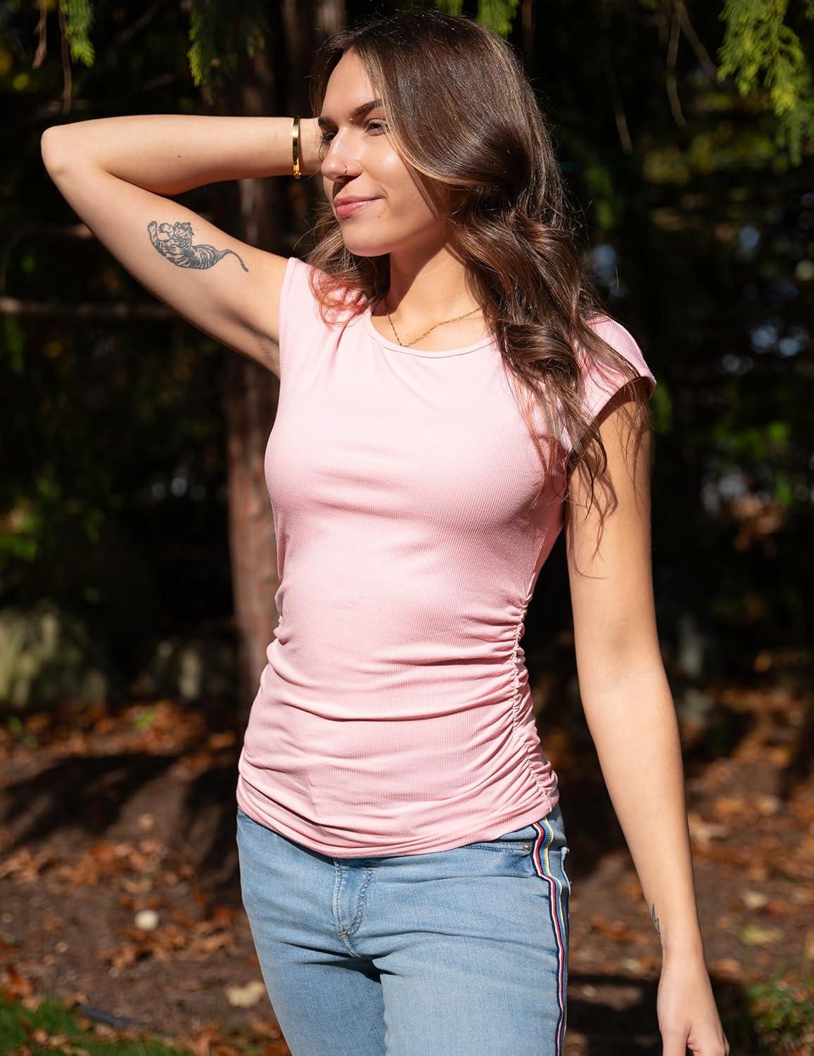 imageZeagoo Womens Tank Tops Ribbed Knit Crew Neck Shirts Cap Sleeve Slim Fitted Ruched Basic TeesBpink