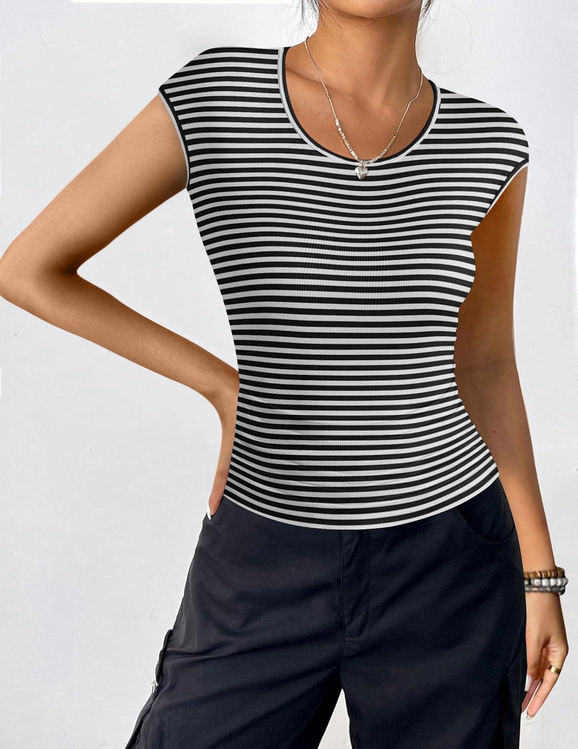 imageZeagoo Womens Tank Tops Ribbed Knit Crew Neck Shirts Cap Sleeve Slim Fitted Ruched Basic TeesFblack Striped