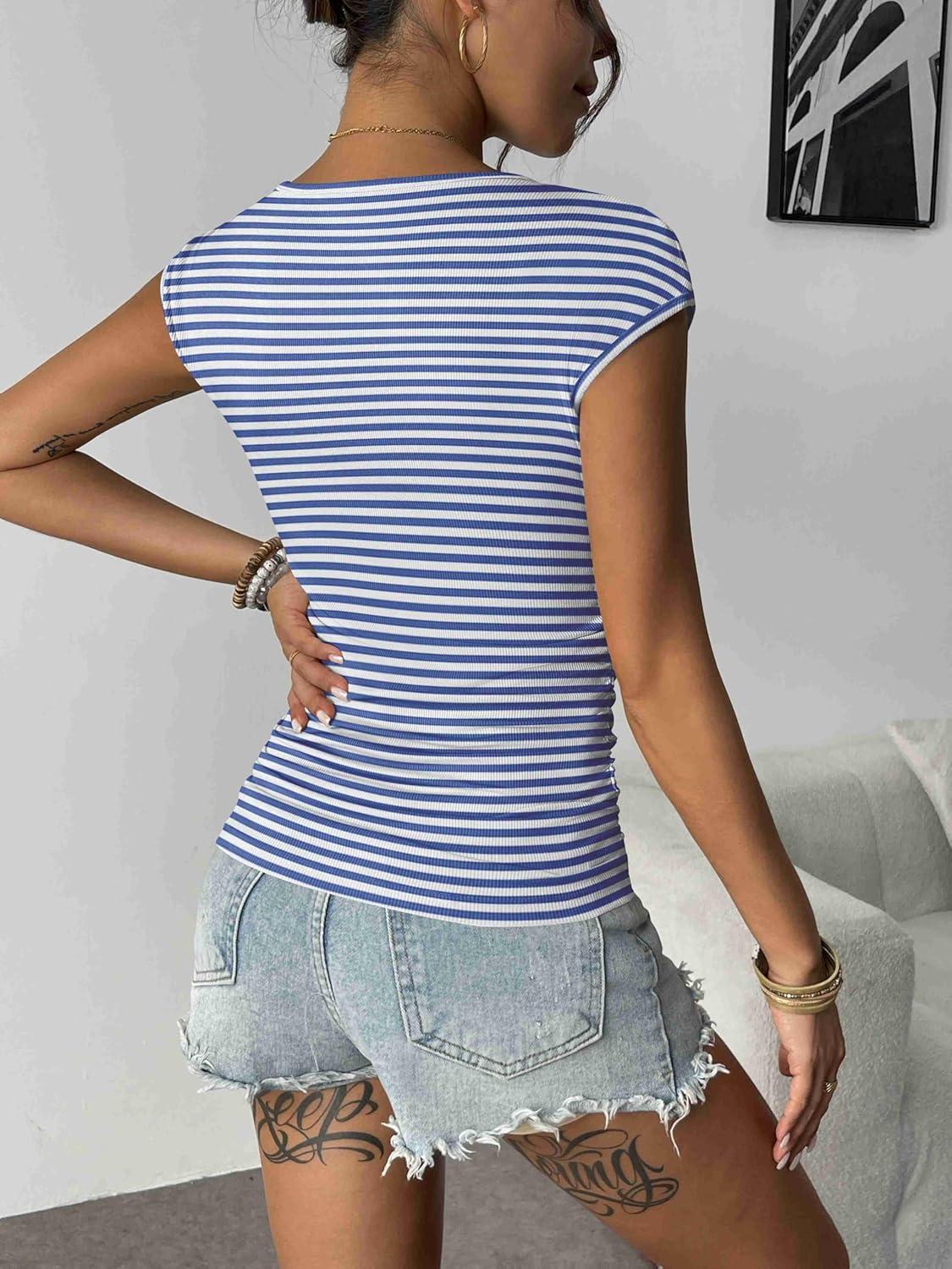 imageZeagoo Womens Tank Tops Ribbed Knit Crew Neck Shirts Cap Sleeve Slim Fitted Ruched Basic TeesFblue Striped