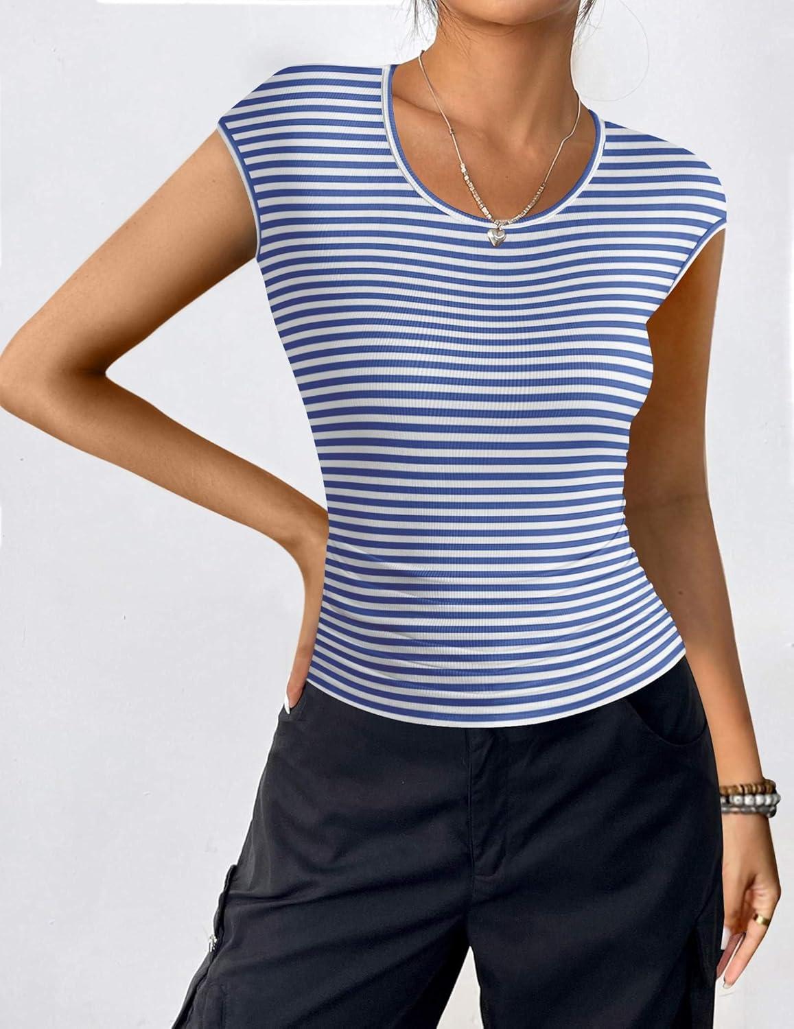 imageZeagoo Womens Tank Tops Ribbed Knit Crew Neck Shirts Cap Sleeve Slim Fitted Ruched Basic TeesFblue Striped