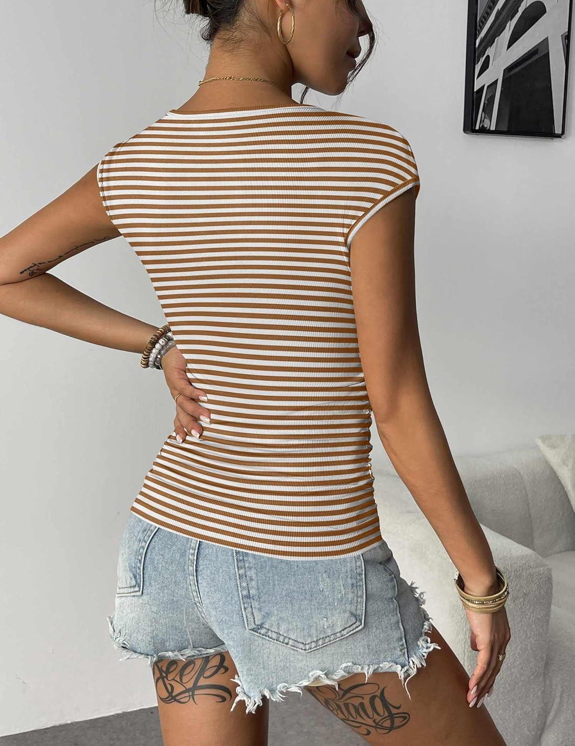 imageZeagoo Womens Tank Tops Ribbed Knit Crew Neck Shirts Cap Sleeve Slim Fitted Ruched Basic TeesFbrown Striped