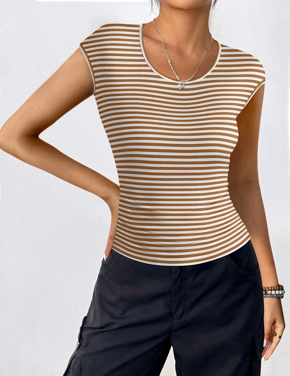 imageZeagoo Womens Tank Tops Ribbed Knit Crew Neck Shirts Cap Sleeve Slim Fitted Ruched Basic TeesFbrown Striped