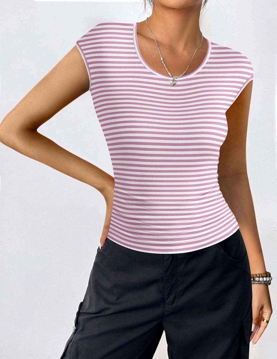 imageZeagoo Womens Tank Tops Ribbed Knit Crew Neck Shirts Cap Sleeve Slim Fitted Ruched Basic TeesFlight Purple Striped