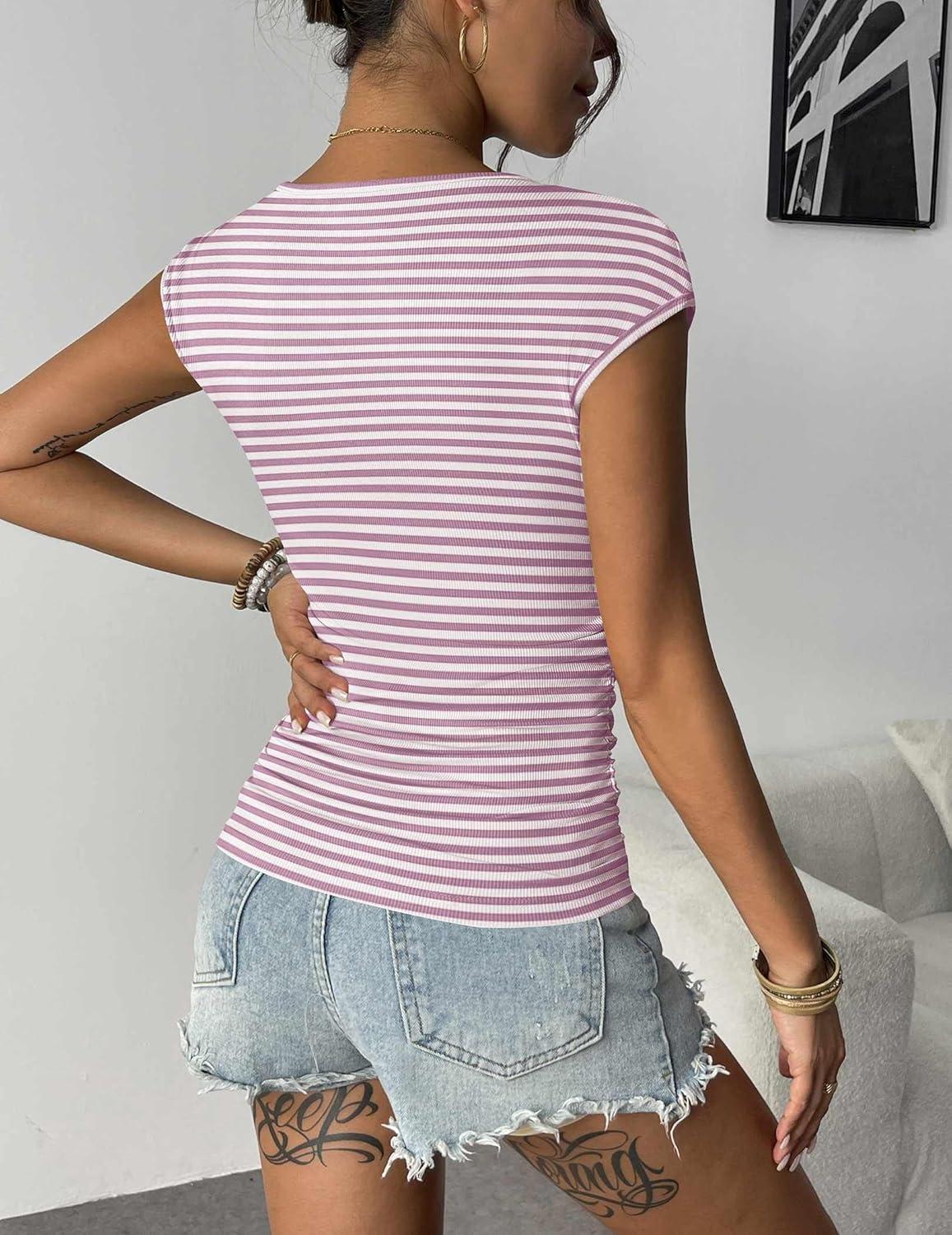 imageZeagoo Womens Tank Tops Ribbed Knit Crew Neck Shirts Cap Sleeve Slim Fitted Ruched Basic TeesFlight Purple Striped
