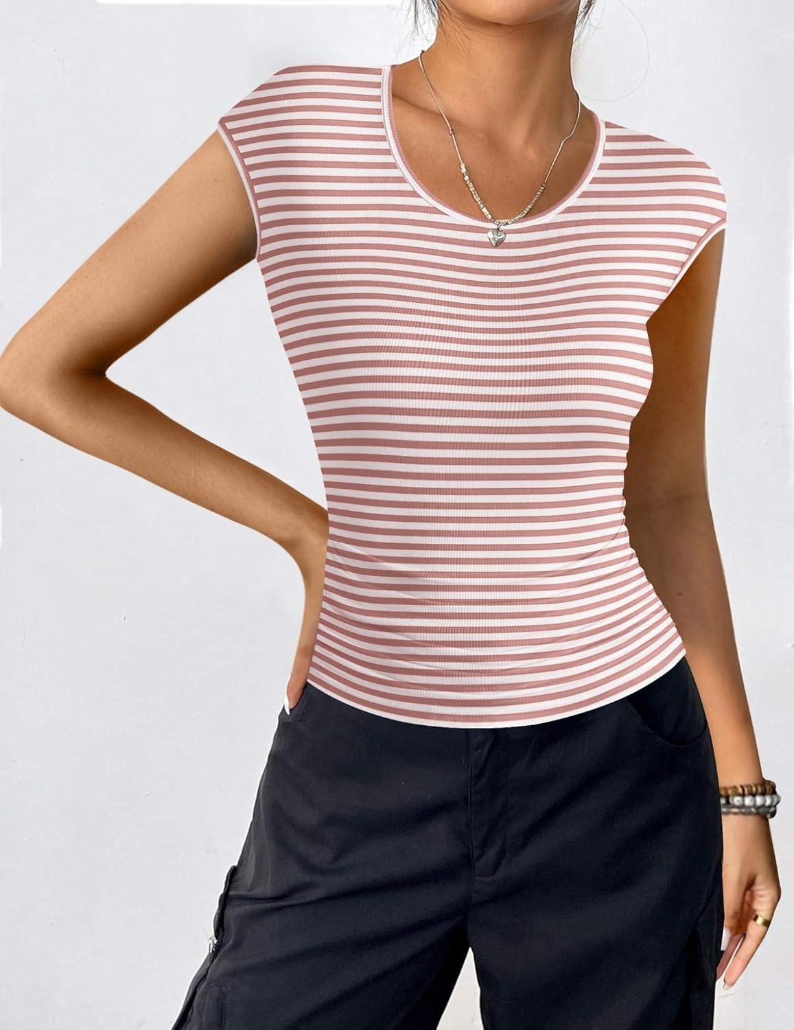 imageZeagoo Womens Tank Tops Ribbed Knit Crew Neck Shirts Cap Sleeve Slim Fitted Ruched Basic TeesFpink Striped