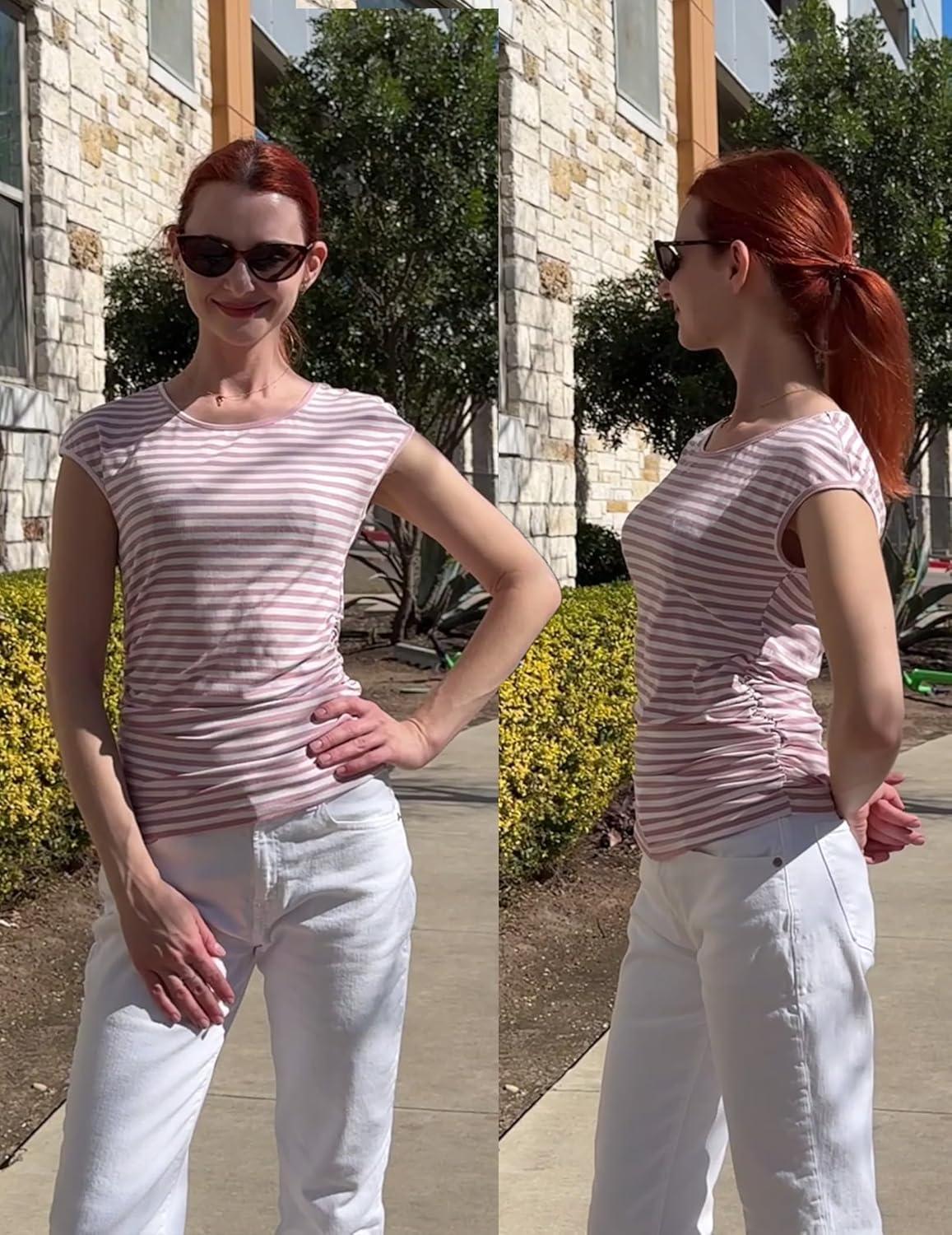 imageZeagoo Womens Tank Tops Ribbed Knit Crew Neck Shirts Cap Sleeve Slim Fitted Ruched Basic TeesFpink Striped