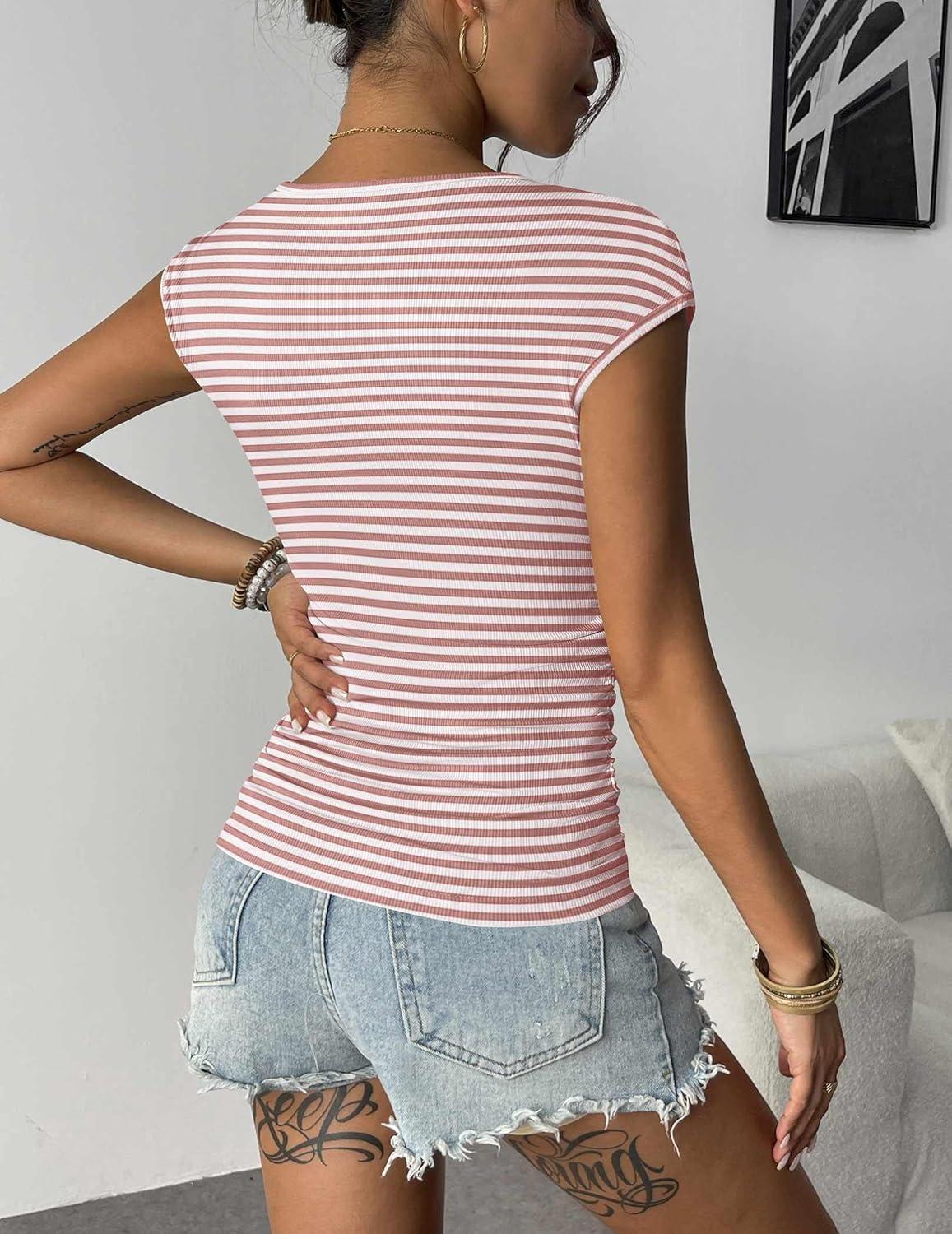 imageZeagoo Womens Tank Tops Ribbed Knit Crew Neck Shirts Cap Sleeve Slim Fitted Ruched Basic TeesFpink Striped