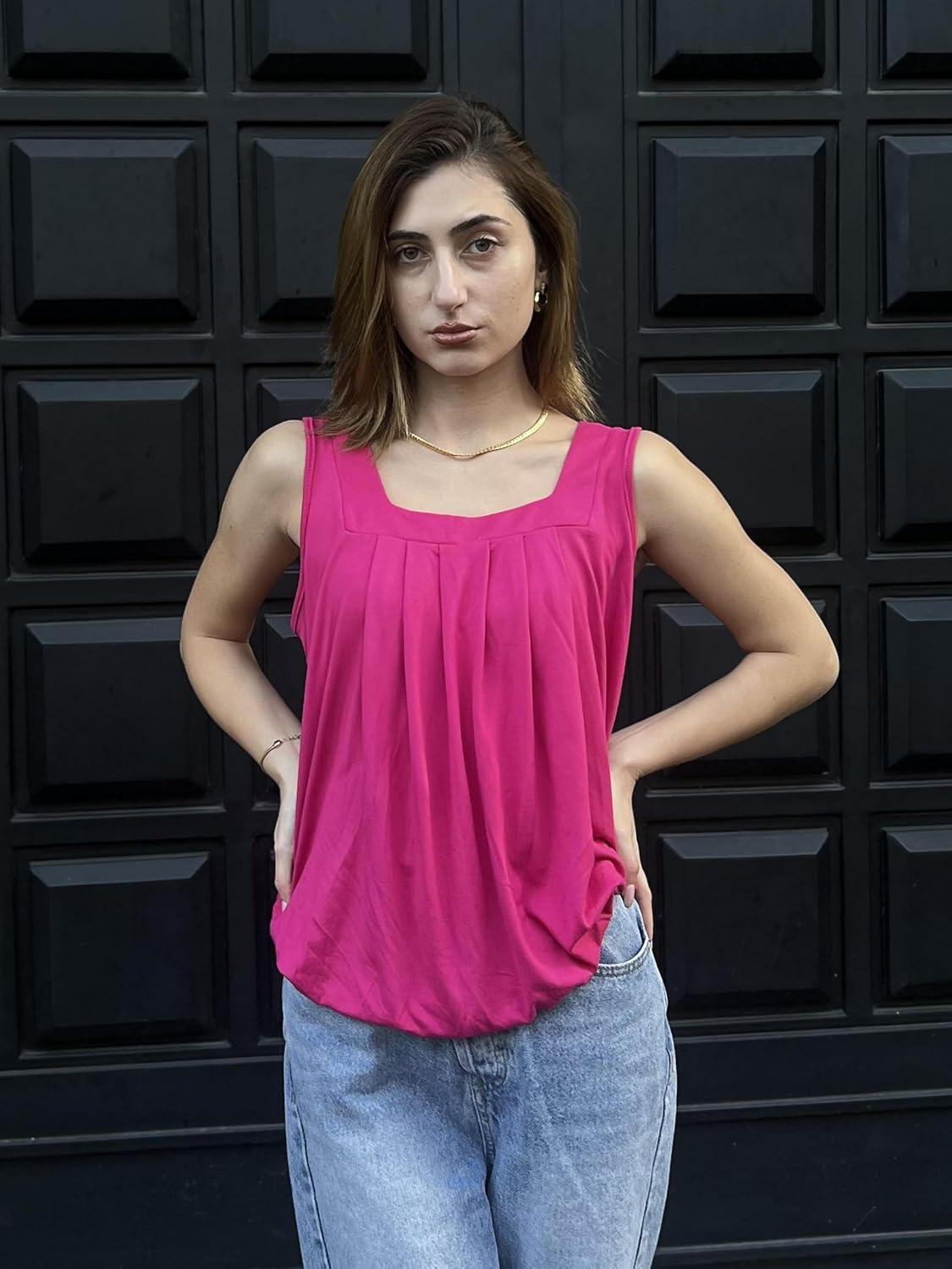 imageZeagoo Womens Tank Tops Summer Sleeveless Loose Fit Square Neck Pleated Shirts Banded Basic Casual Trendy ClothesBhotpink
