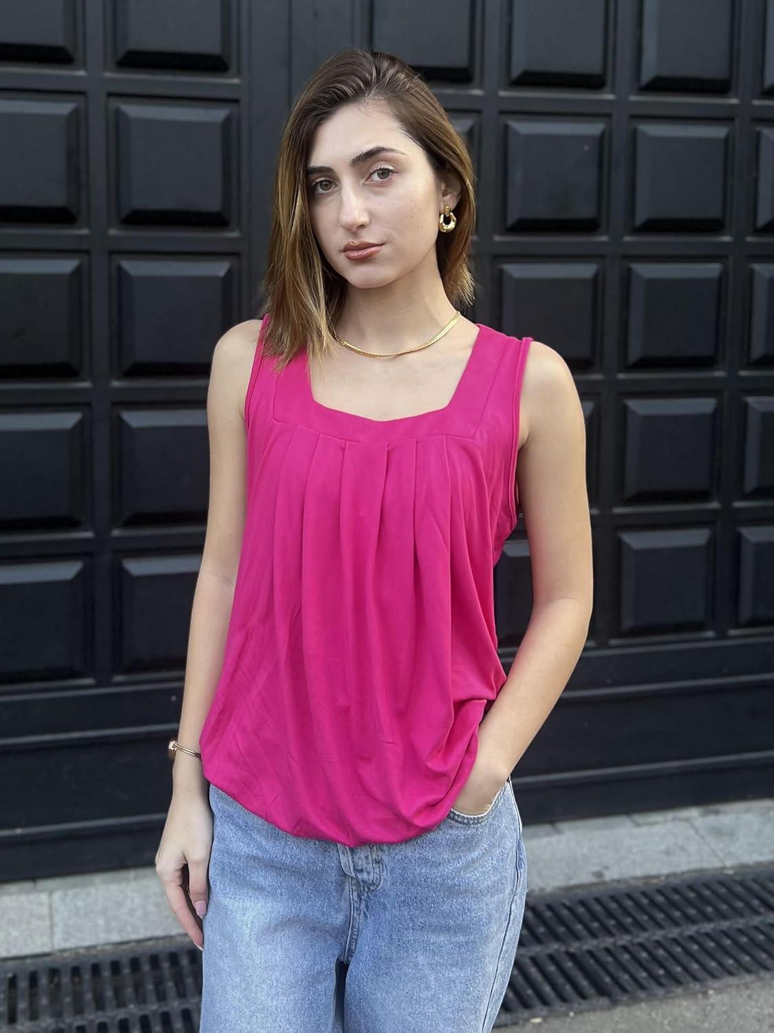 imageZeagoo Womens Tank Tops Summer Sleeveless Loose Fit Square Neck Pleated Shirts Banded Basic Casual Trendy ClothesBhotpink