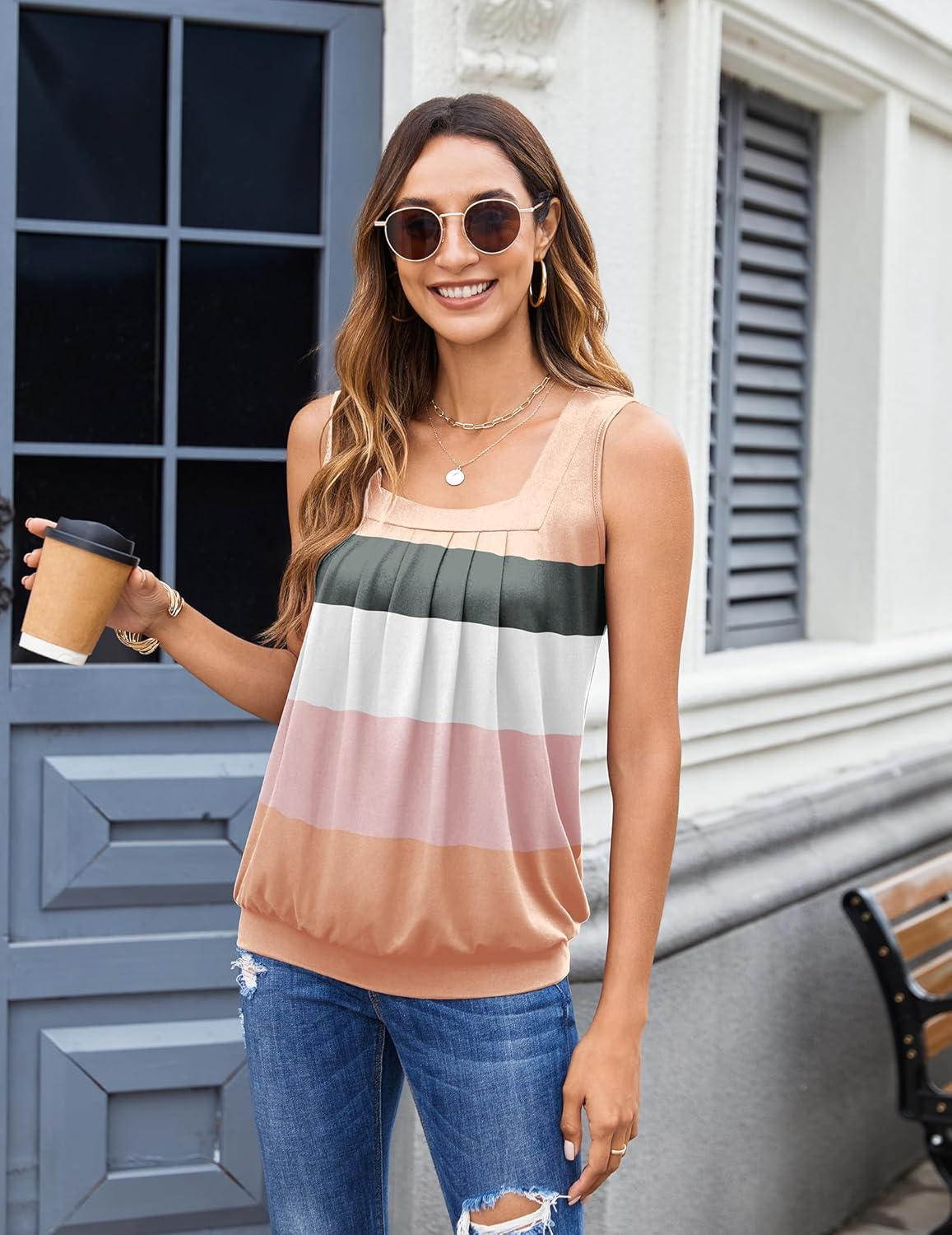 imageZeagoo Womens Tank Tops Summer Sleeveless Loose Fit Square Neck Pleated Shirts Banded Basic Casual Trendy ClothesFcolorblock