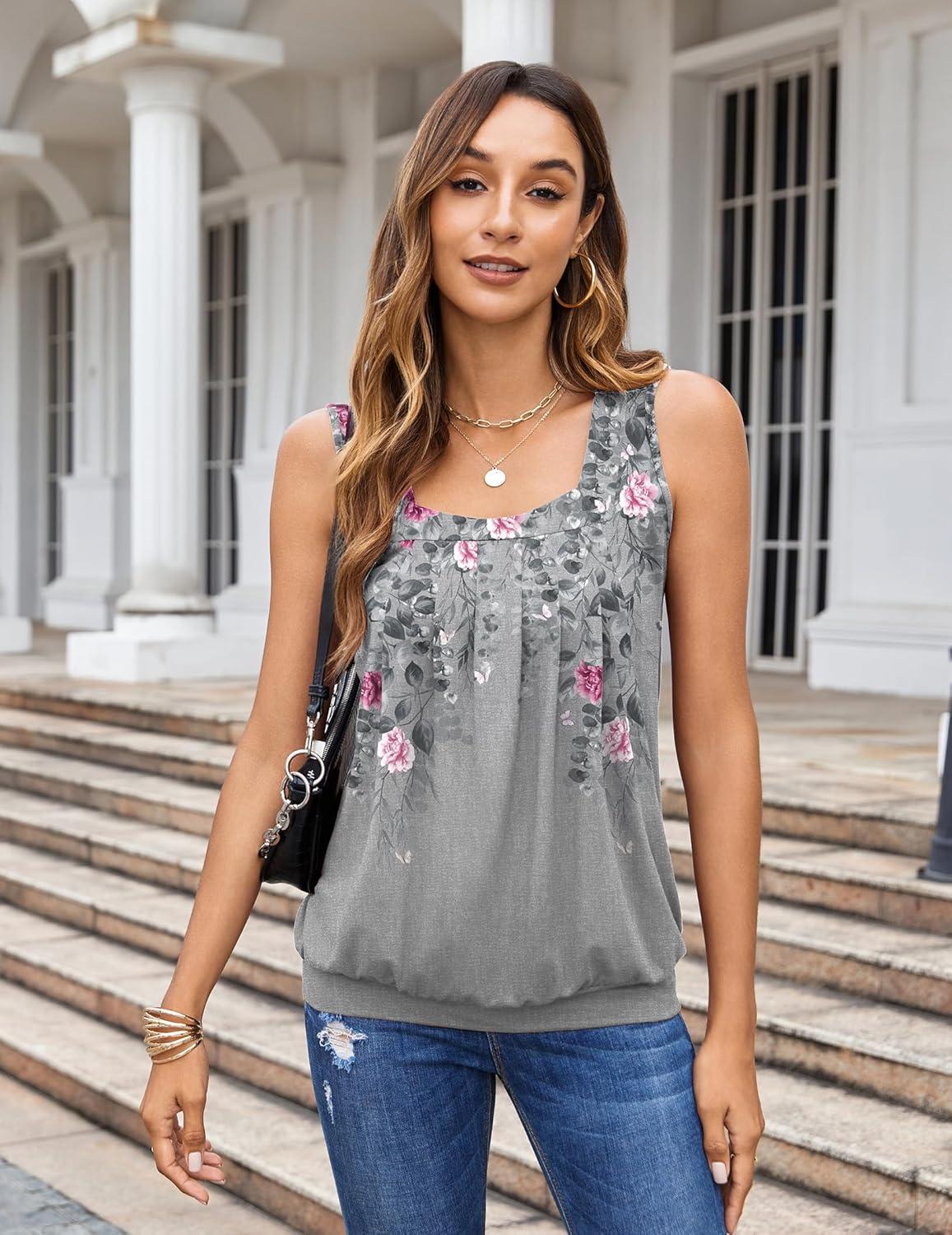 imageZeagoo Womens Tank Tops Summer Sleeveless Loose Fit Square Neck Pleated Shirts Banded Basic Casual Trendy ClothesPattern Hf36