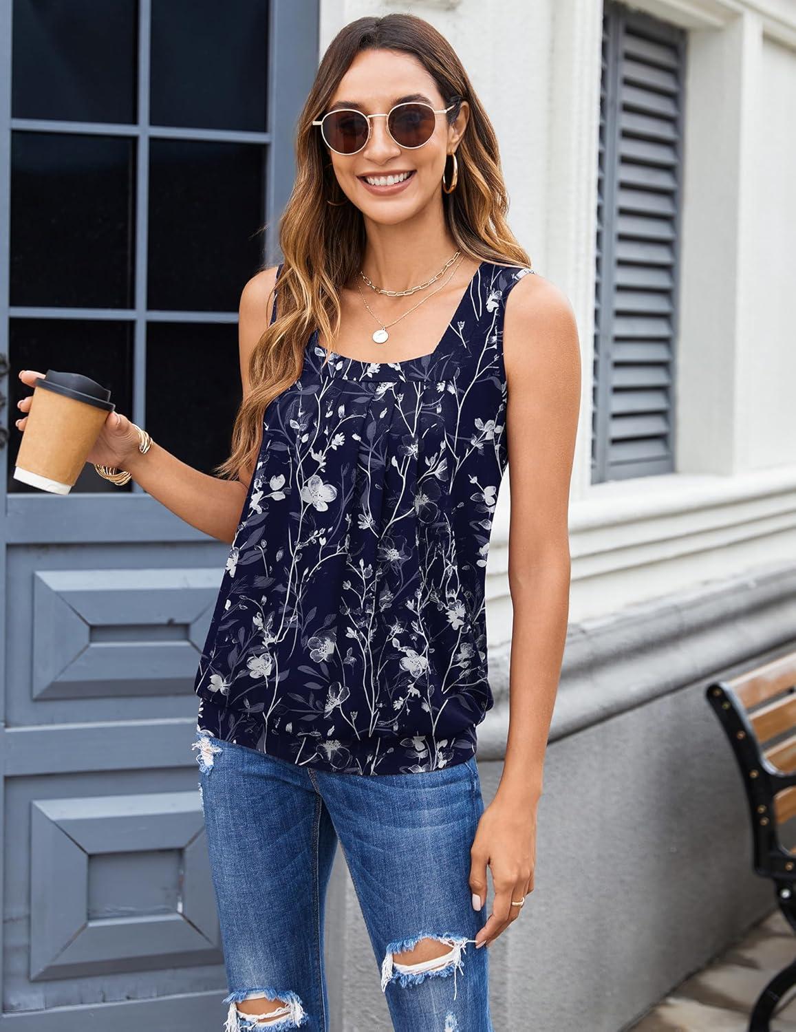 imageZeagoo Womens Tank Tops Summer Sleeveless Loose Fit Square Neck Pleated Shirts Banded Basic Casual Trendy ClothesPattern Sf180