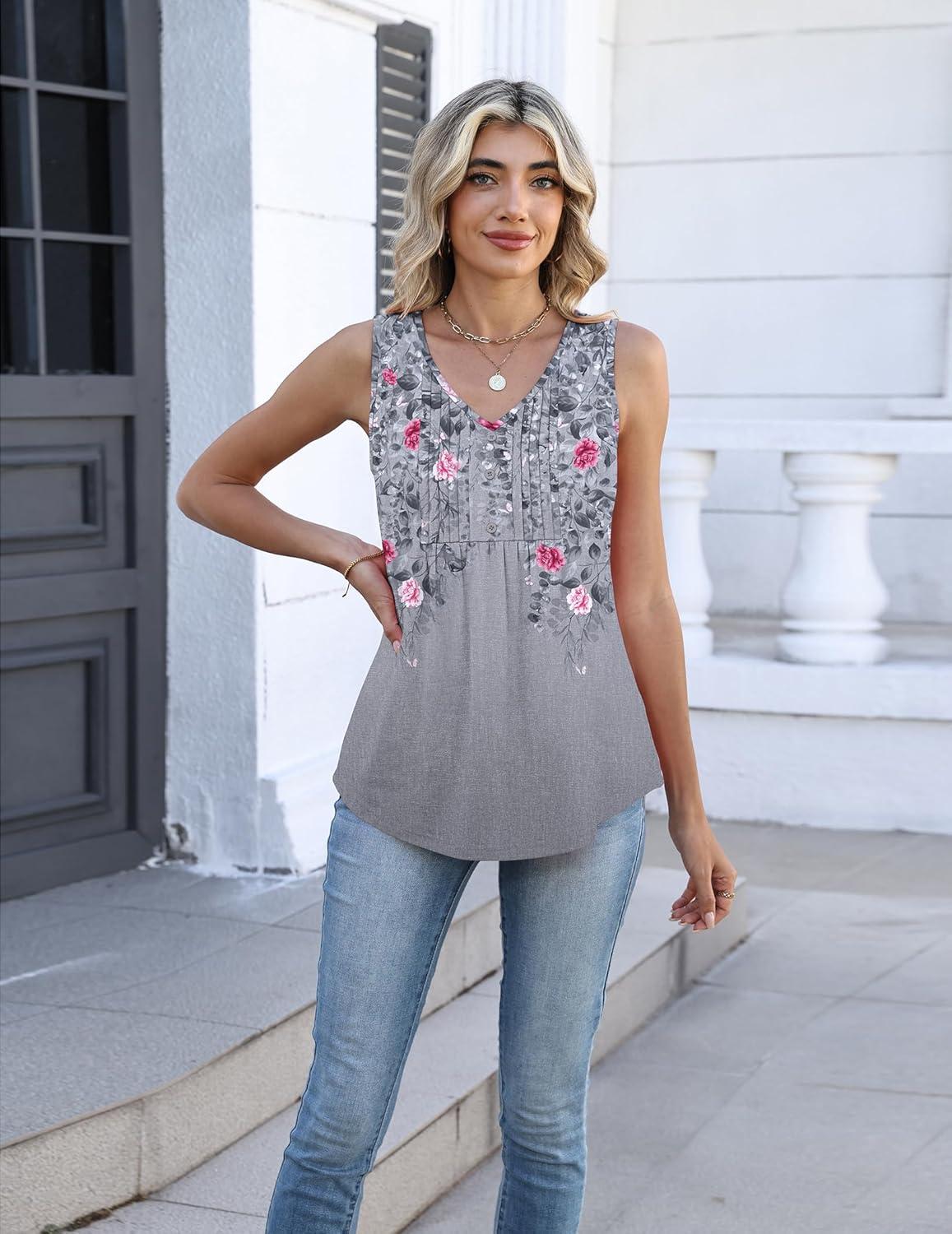 imageZeagoo Womens Tank Tops Summer Sleeveless Pleated V Neck Tunic Shirts Loose Casual Button Flowy Boho Clothes S3XLPattern Hf36