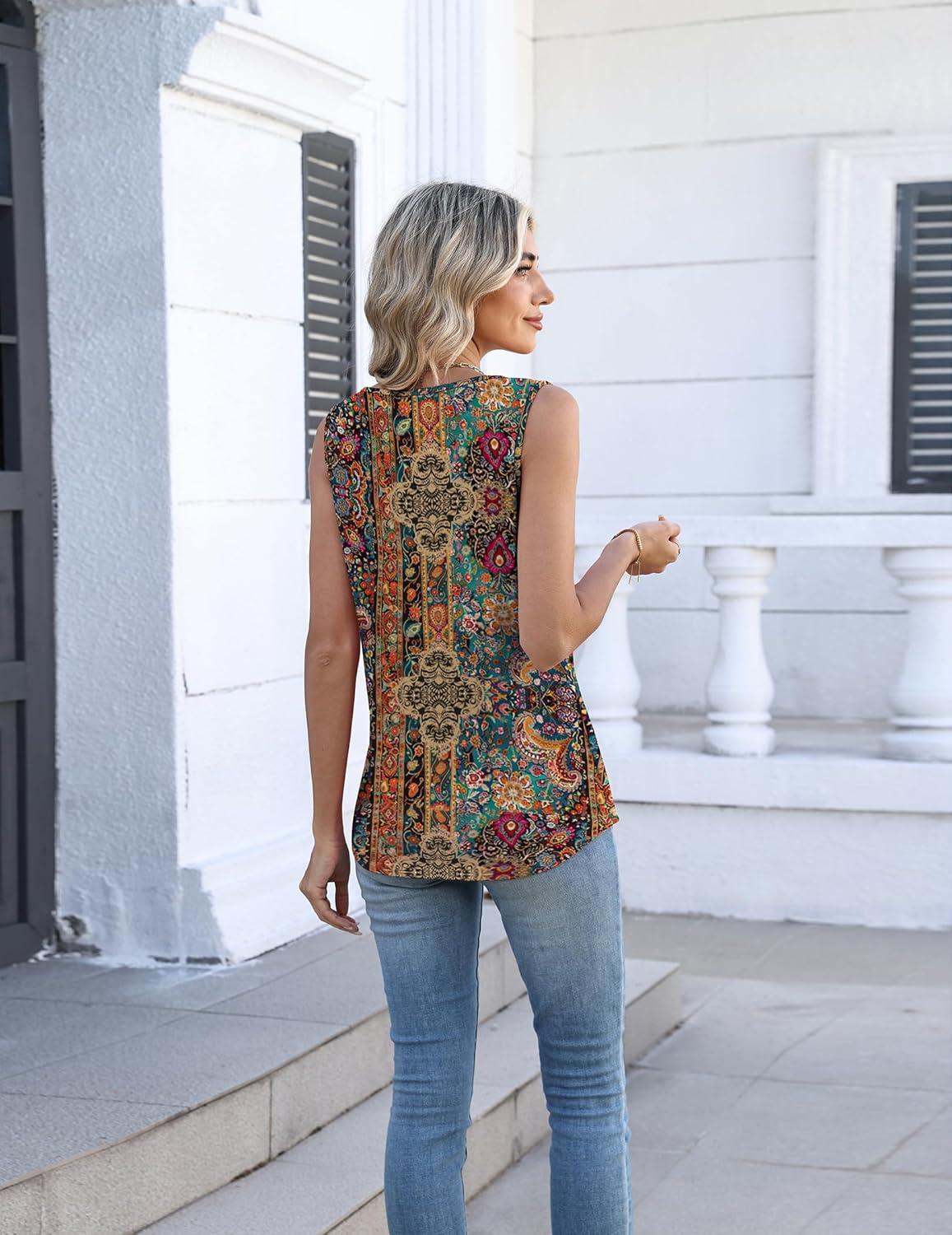 imageZeagoo Womens Tank Tops Summer Sleeveless Pleated V Neck Tunic Shirts Loose Casual Button Flowy Boho Clothes S3XLPattern Mz721
