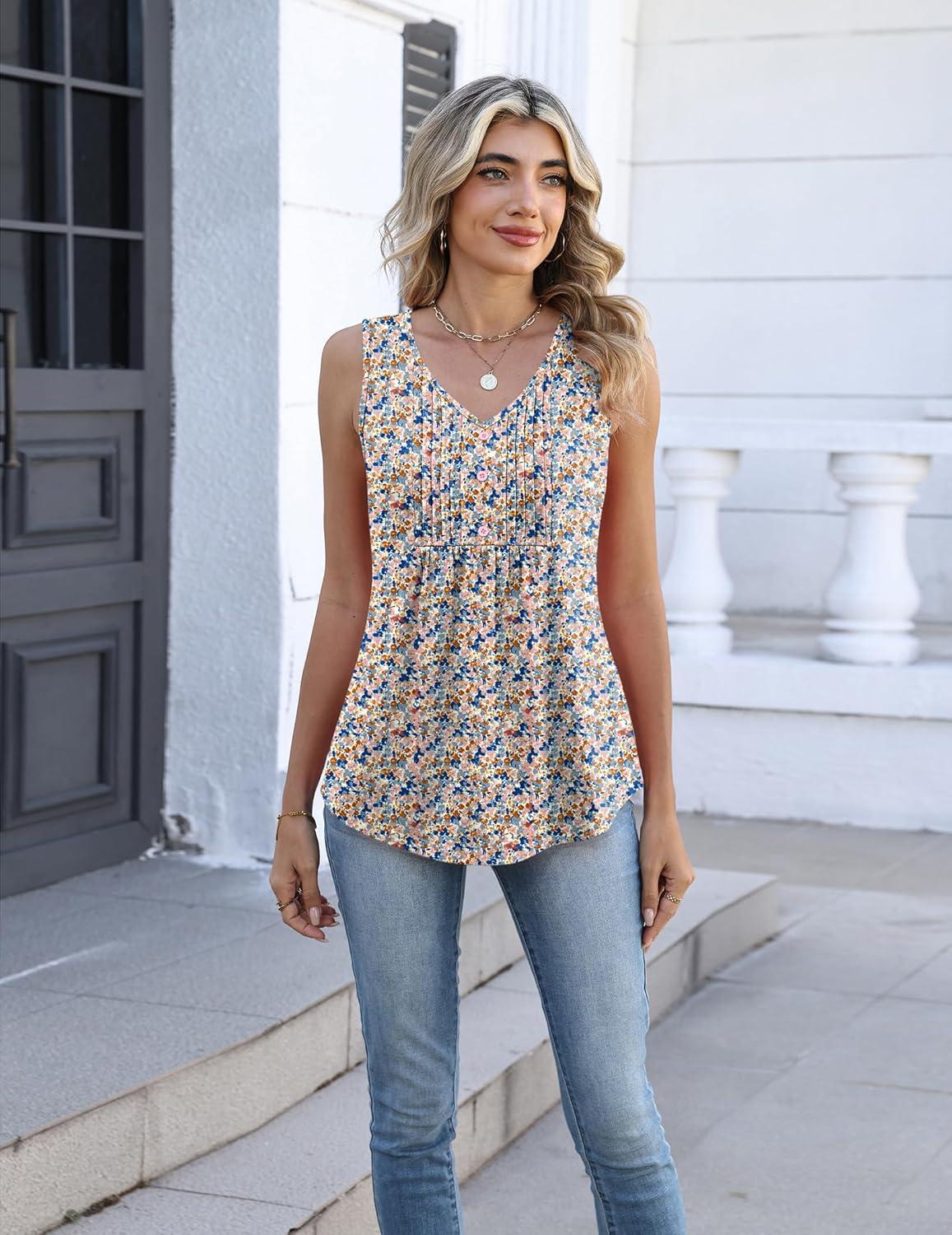 imageZeagoo Womens Tank Tops Summer Sleeveless Pleated V Neck Tunic Shirts Loose Casual Button Flowy Boho Clothes S3XLPattern Xh498