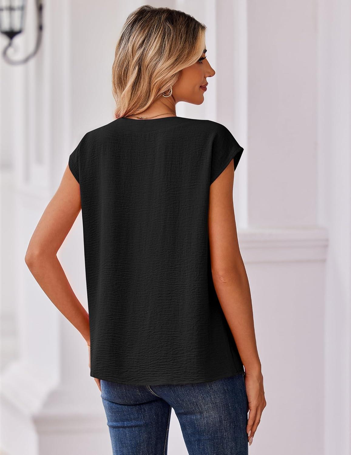 imageZeagoo Womens Tops Cap Short Sleeve Textured Blouse V Neck Summer Spring Shirts Business Casual OutfitsAblack