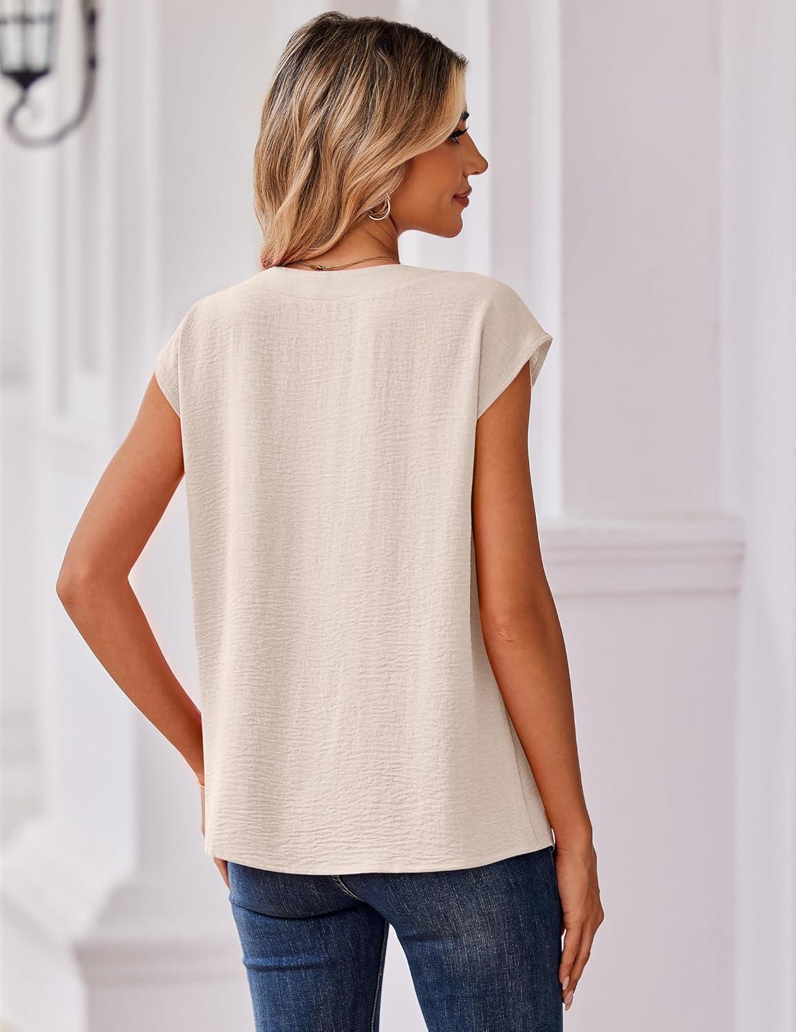 imageZeagoo Womens Tops Cap Short Sleeve Textured Blouse V Neck Summer Spring Shirts Business Casual OutfitsApricot