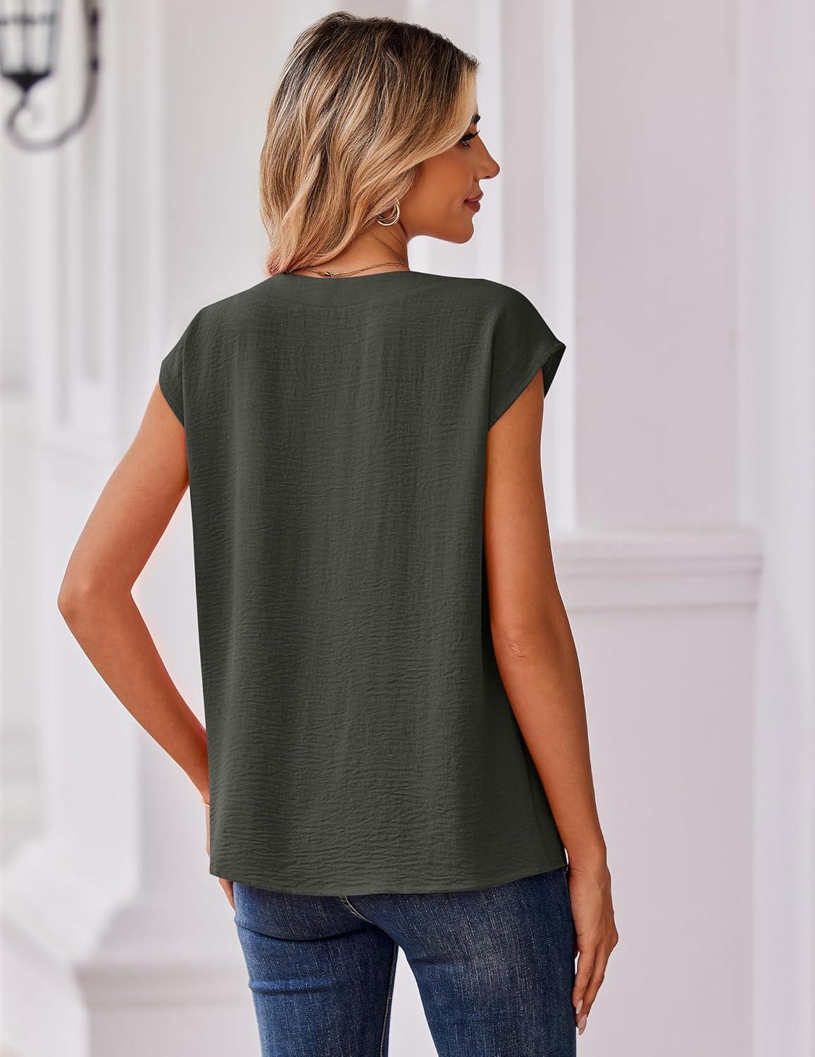 imageZeagoo Womens Tops Cap Short Sleeve Textured Blouse V Neck Summer Spring Shirts Business Casual OutfitsArmy Green