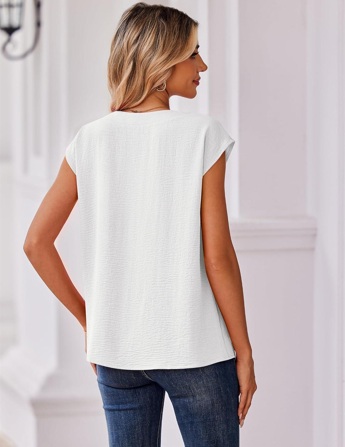 imageZeagoo Womens Tops Cap Short Sleeve Textured Blouse V Neck Summer Spring Shirts Business Casual OutfitsAwhite