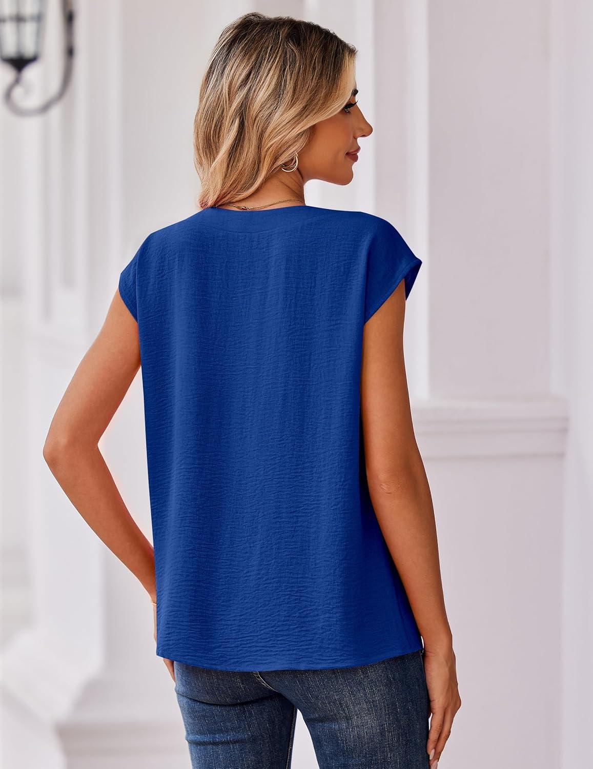 imageZeagoo Womens Tops Cap Short Sleeve Textured Blouse V Neck Summer Spring Shirts Business Casual OutfitsBlue