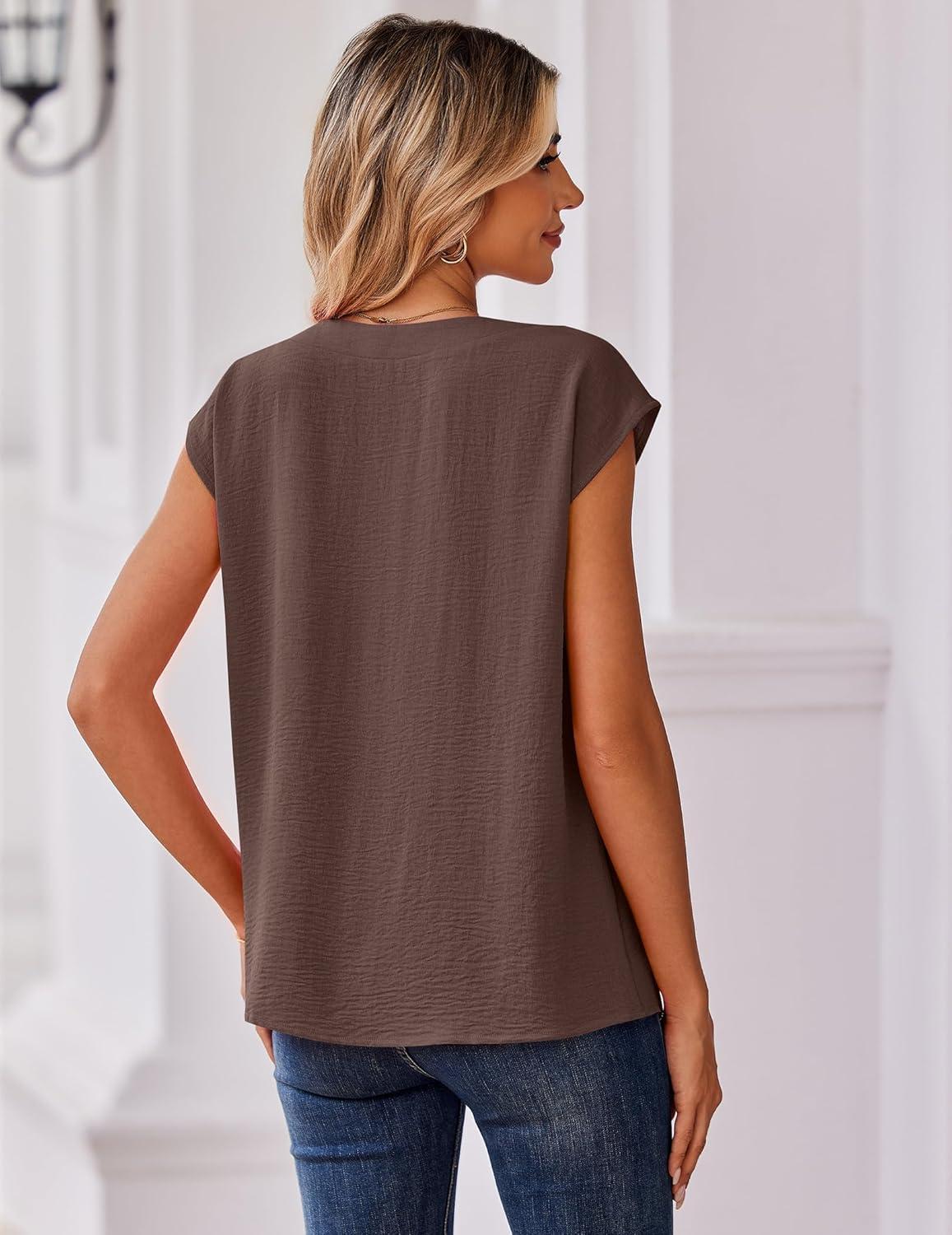 imageZeagoo Womens Tops Cap Short Sleeve Textured Blouse V Neck Summer Spring Shirts Business Casual OutfitsBrown
