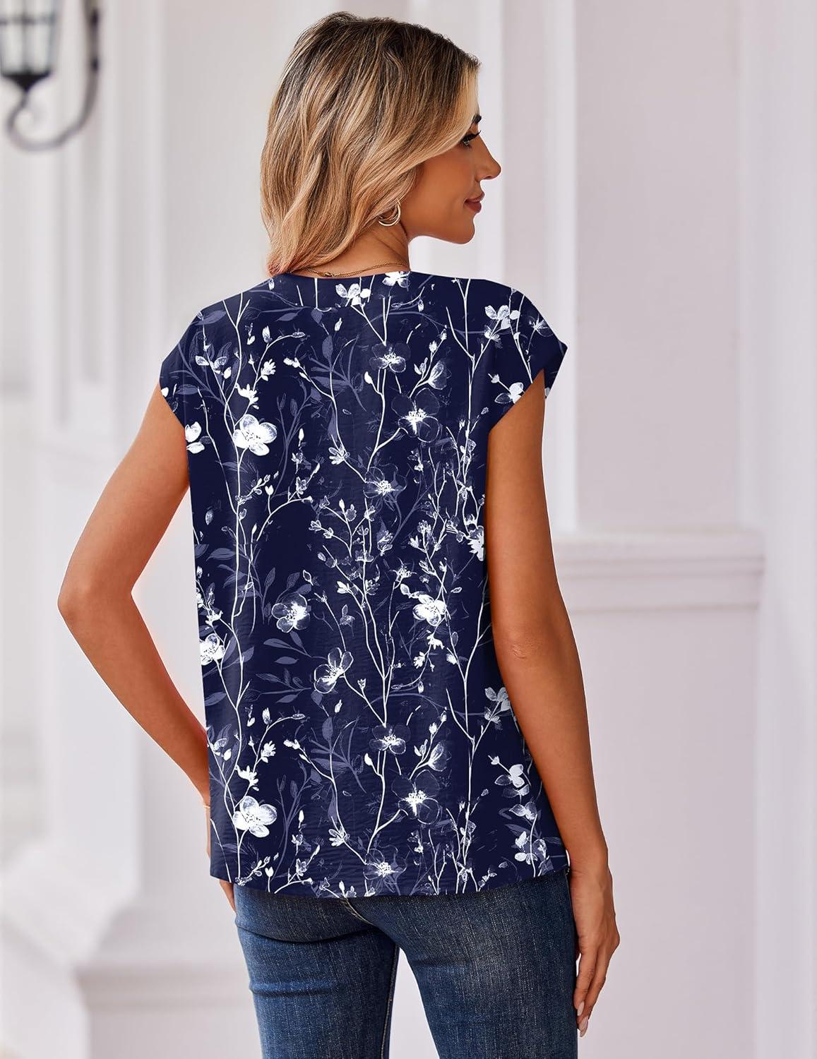 imageZeagoo Womens Tops Cap Short Sleeve Textured Blouse V Neck Summer Spring Shirts Business Casual OutfitsFloral Navy