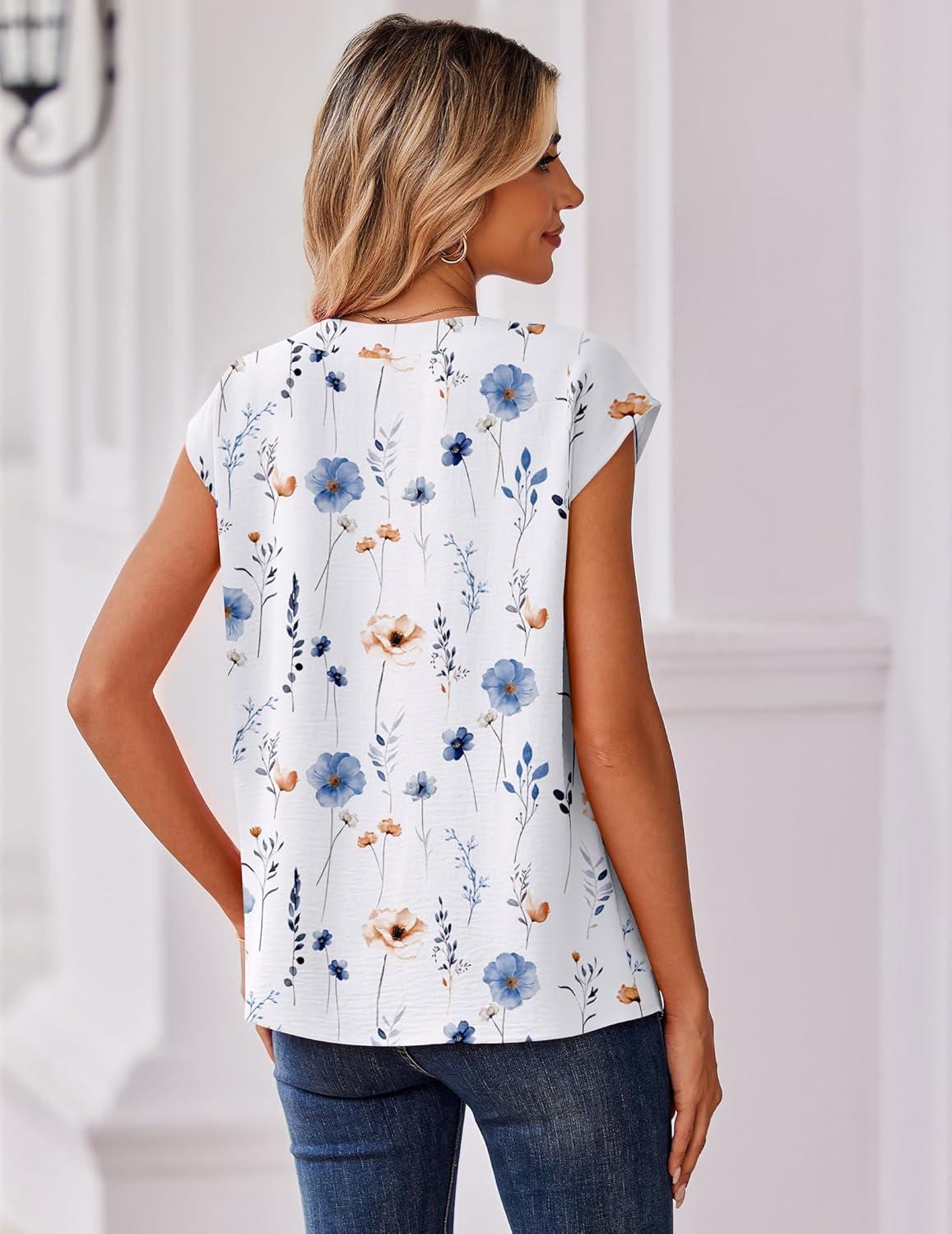 imageZeagoo Womens Tops Cap Short Sleeve Textured Blouse V Neck Summer Spring Shirts Business Casual OutfitsFloral White