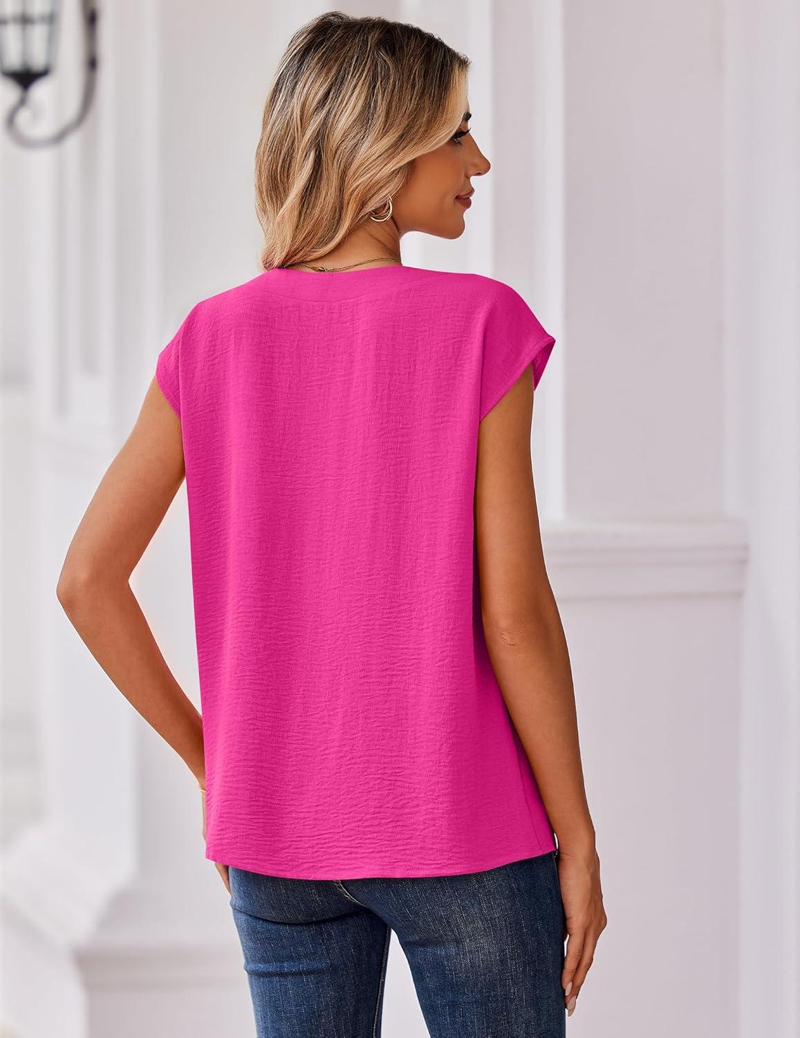 imageZeagoo Womens Tops Cap Short Sleeve Textured Blouse V Neck Summer Spring Shirts Business Casual OutfitsHot Pink
