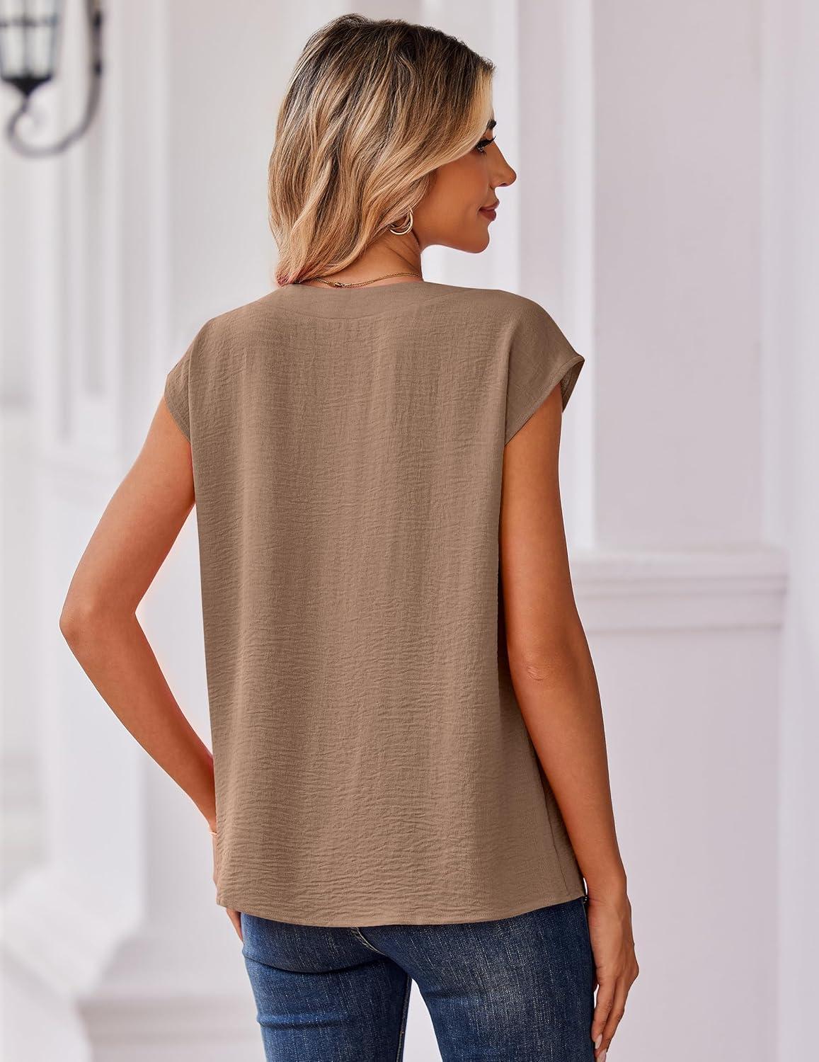 imageZeagoo Womens Tops Cap Short Sleeve Textured Blouse V Neck Summer Spring Shirts Business Casual OutfitsKhaki