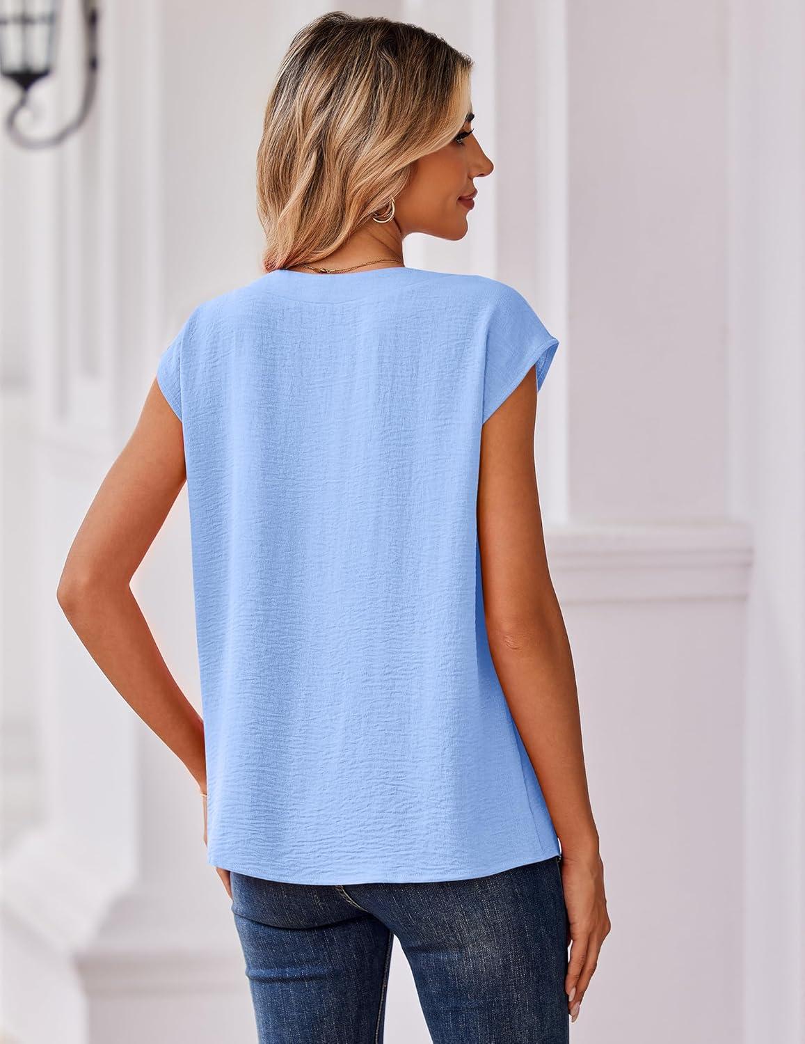 imageZeagoo Womens Tops Cap Short Sleeve Textured Blouse V Neck Summer Spring Shirts Business Casual OutfitsLight Blue