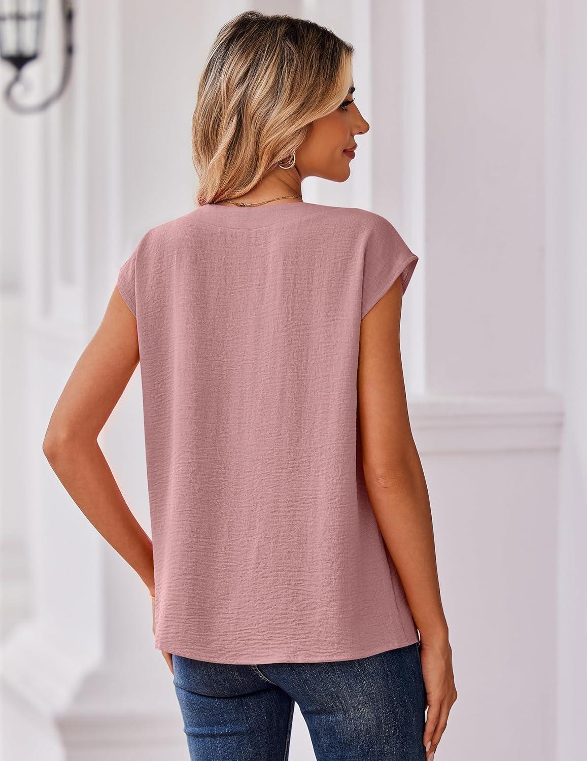 imageZeagoo Womens Tops Cap Short Sleeve Textured Blouse V Neck Summer Spring Shirts Business Casual OutfitsLight Pink