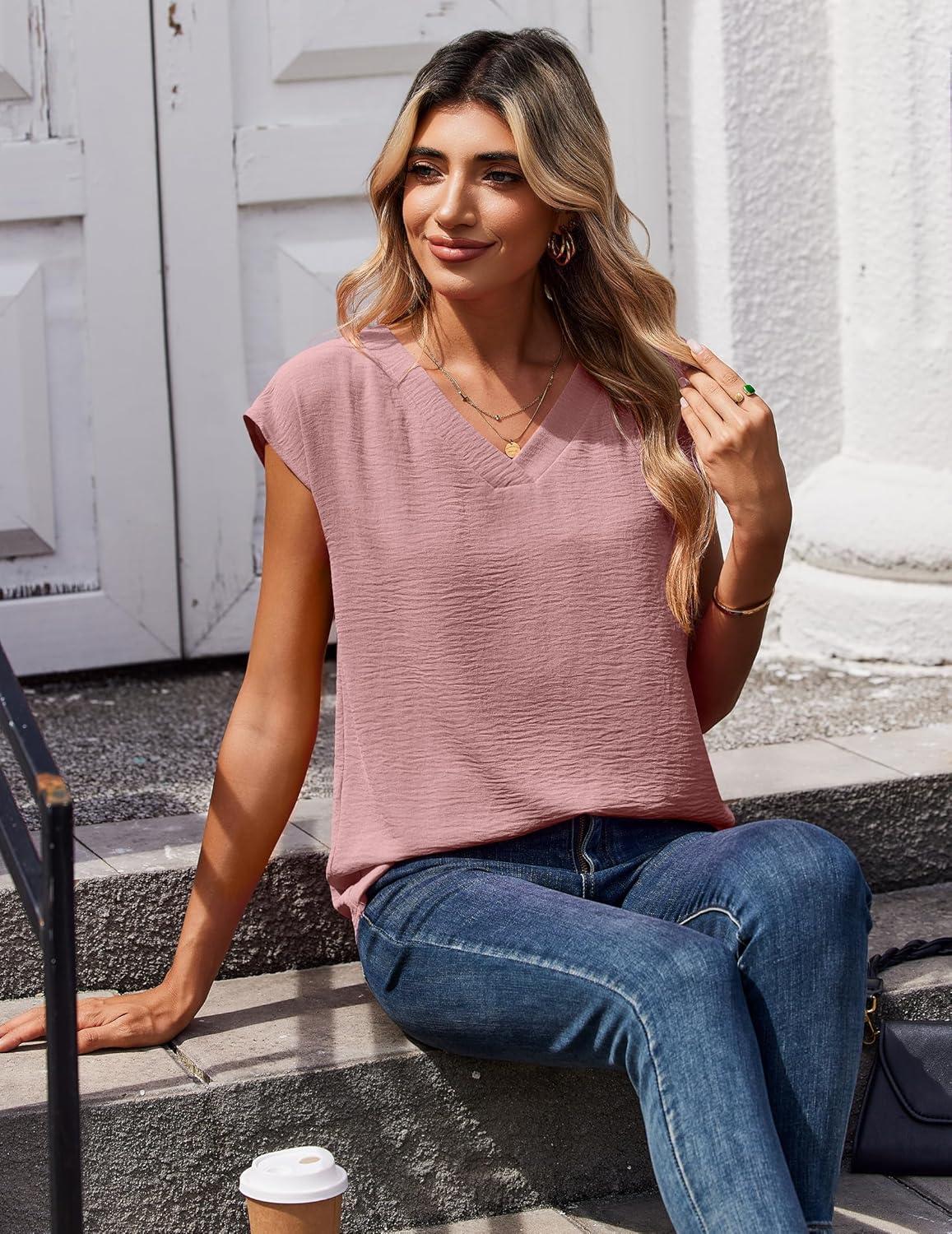 imageZeagoo Womens Tops Cap Short Sleeve Textured Blouse V Neck Summer Spring Shirts Business Casual OutfitsLight Pink