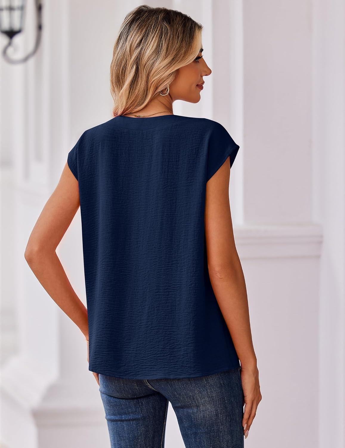 imageZeagoo Womens Tops Cap Short Sleeve Textured Blouse V Neck Summer Spring Shirts Business Casual OutfitsNavy