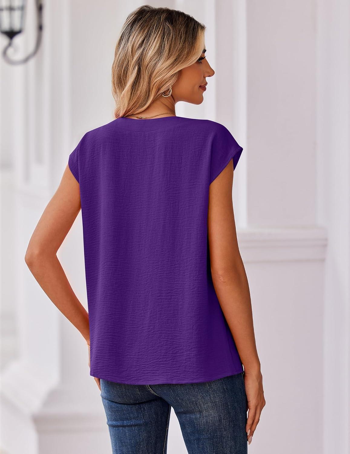 imageZeagoo Womens Tops Cap Short Sleeve Textured Blouse V Neck Summer Spring Shirts Business Casual OutfitsPurple