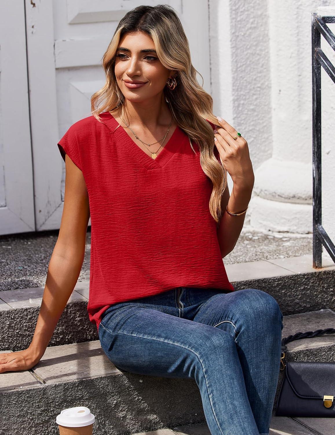 imageZeagoo Womens Tops Cap Short Sleeve Textured Blouse V Neck Summer Spring Shirts Business Casual OutfitsRed