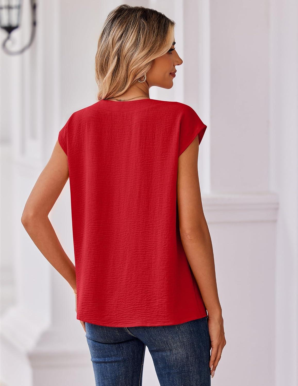 imageZeagoo Womens Tops Cap Short Sleeve Textured Blouse V Neck Summer Spring Shirts Business Casual OutfitsRed